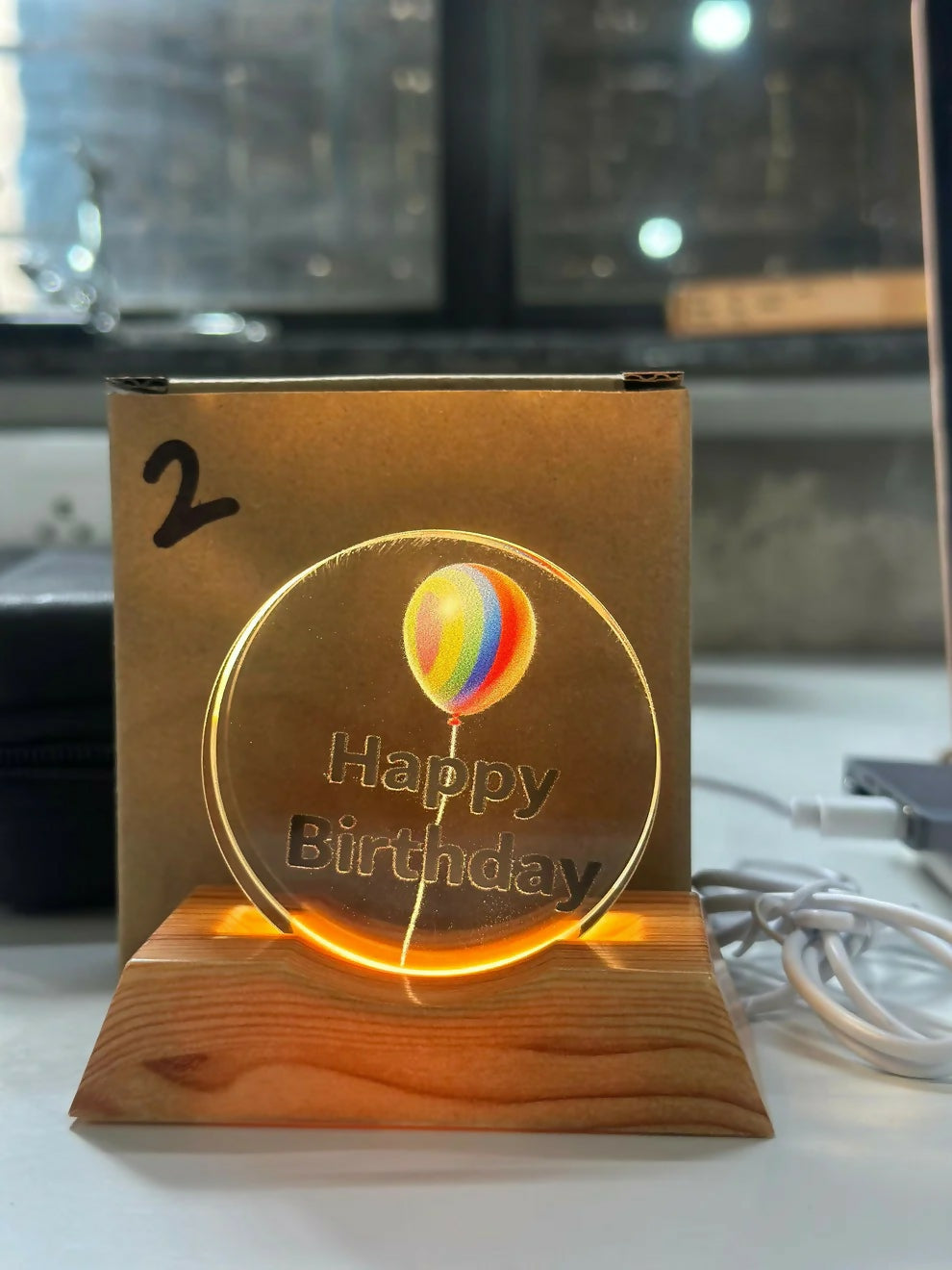 Happy Birthday LED Lamp Wooden Base Decorative Night Light