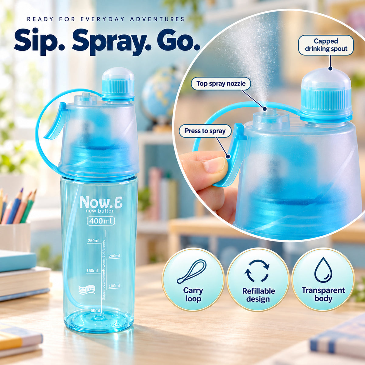 Spray Water Bottle – 400ML BPA-Free for Hydration | Own Hydrate