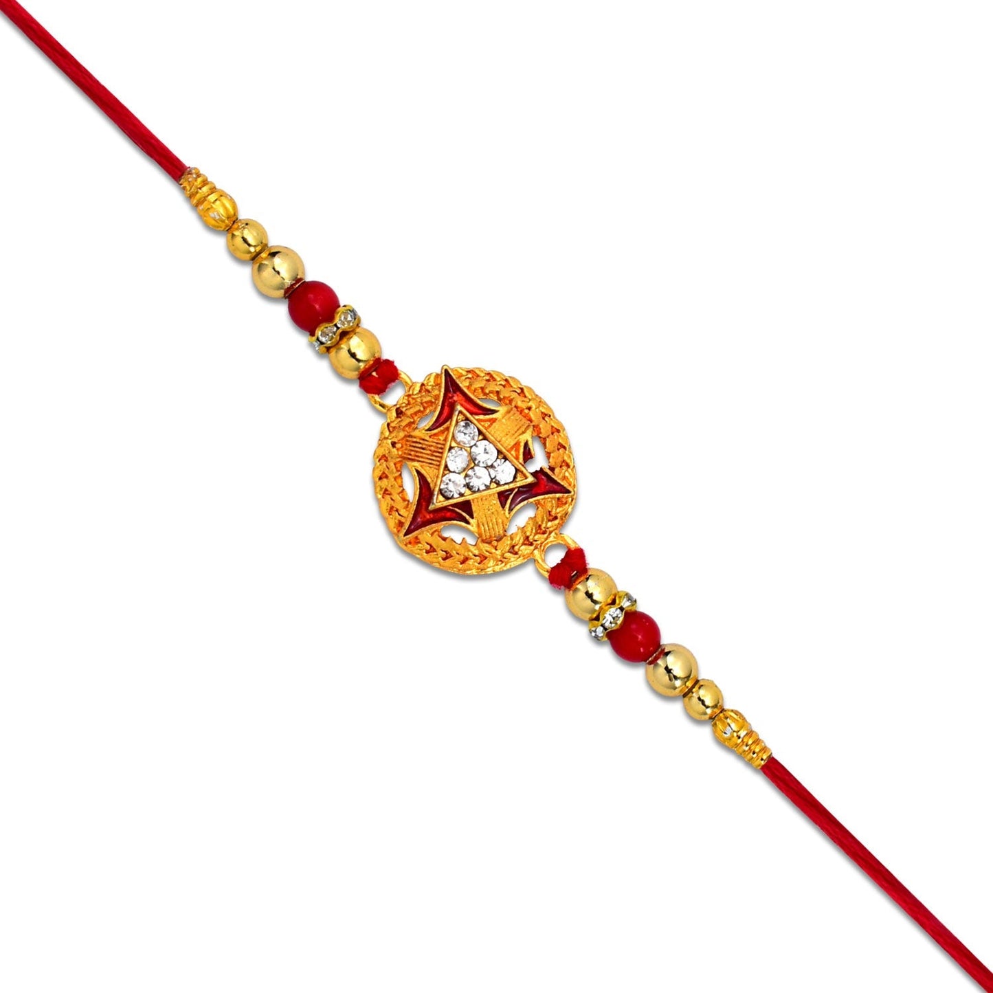 Premium gold-plated Rakhi with traditional round motif for Rakshabandhan