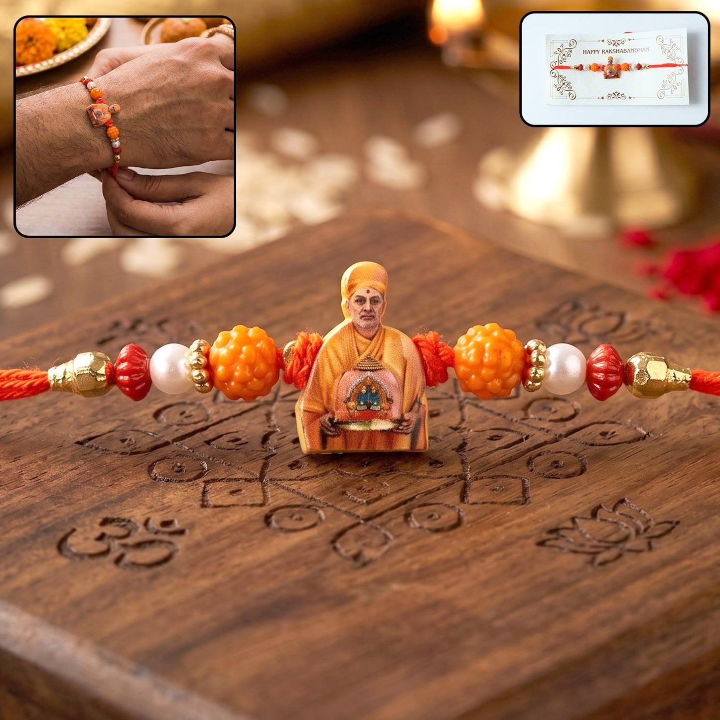 Pramukh Swami Maharaj devotional Rakhi with decorative beads and centerpiece