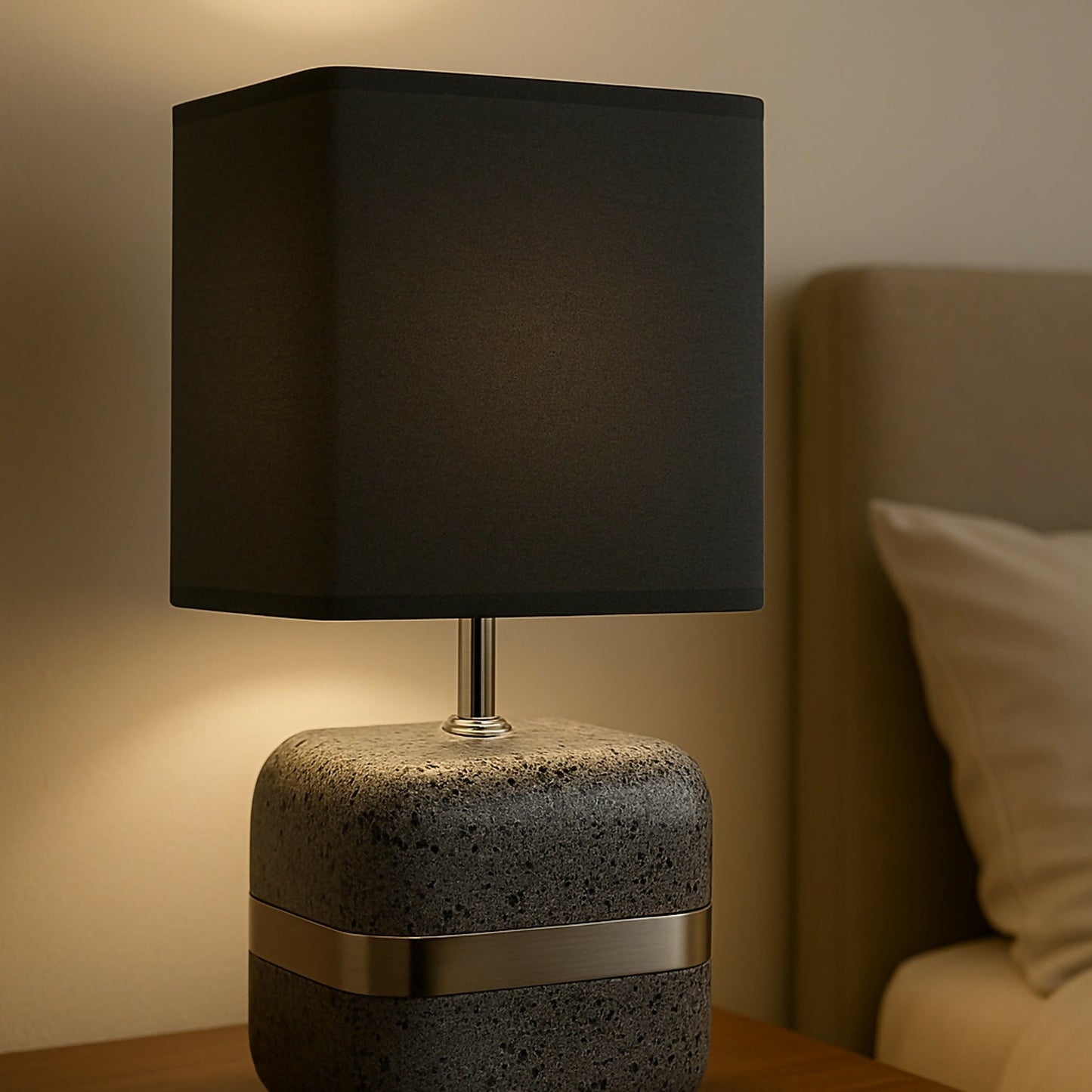 Modern Concrete Textured Table Lamp with Grey Square Fabric Shade & Silver Accent Band | Luxury Minimalist Bedside, Living Room & Study Night Lamp | Soft Ambient Lighting Home DÃ©cor Piece