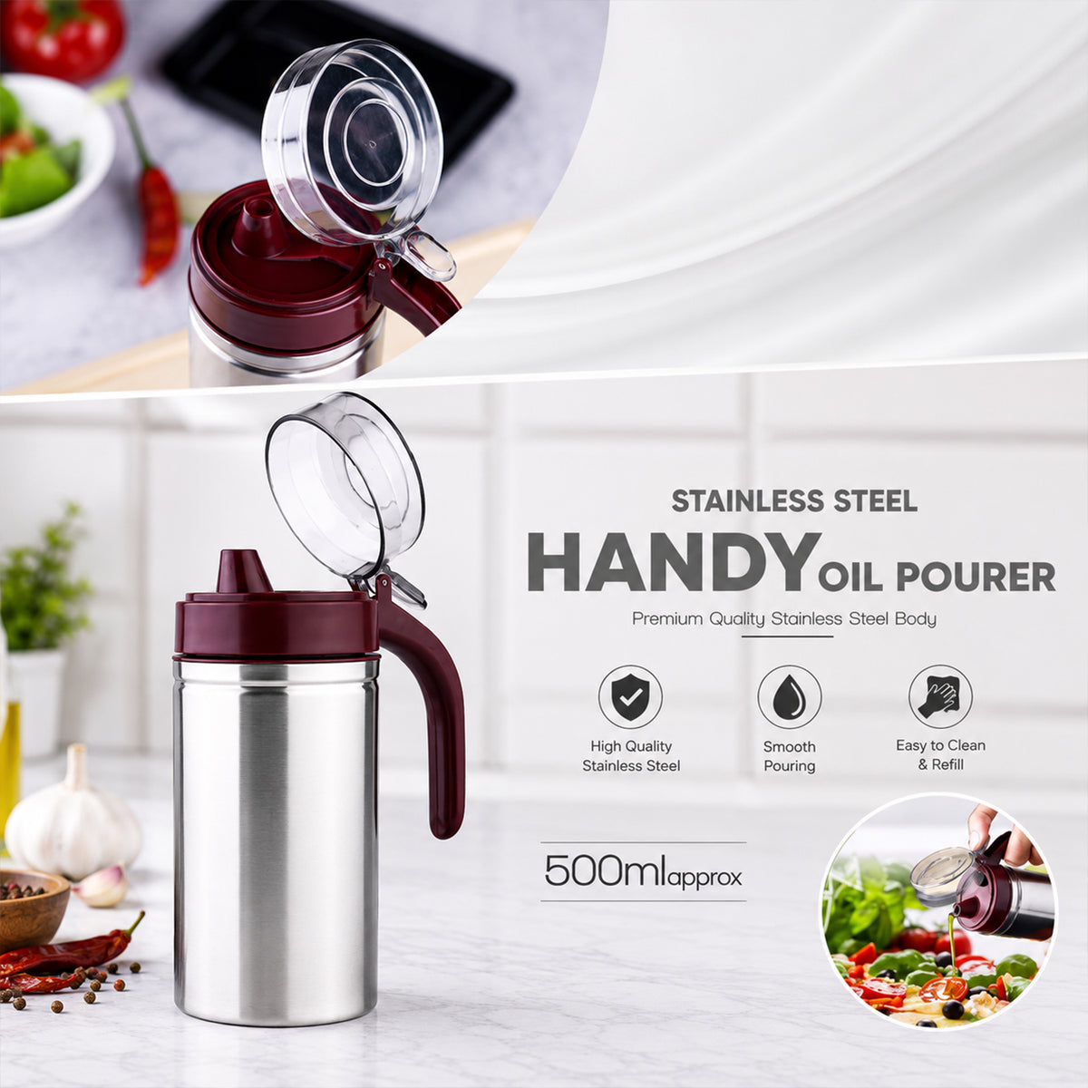 Oil Dispenser Stainless Steel with small nozzle 500ML Oil Container.
