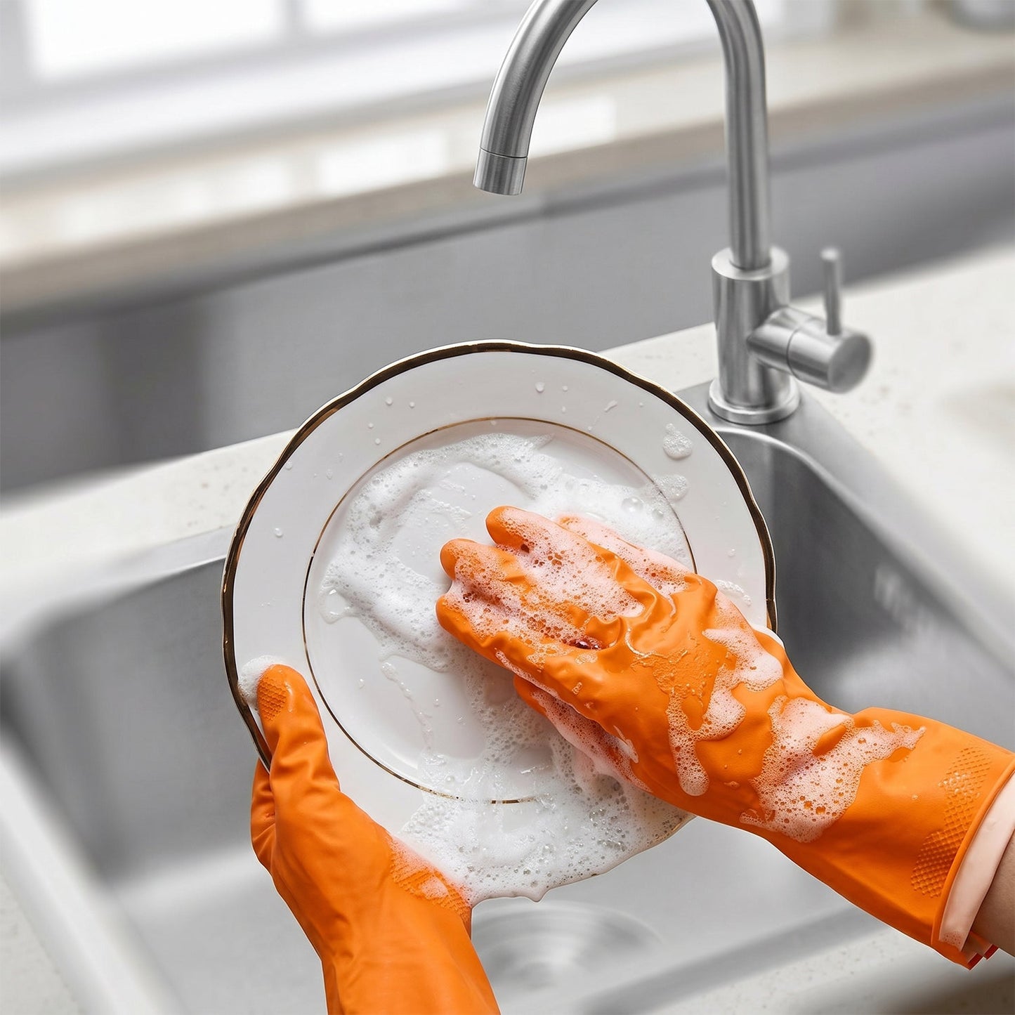 Orange gloves dishwashing close-up