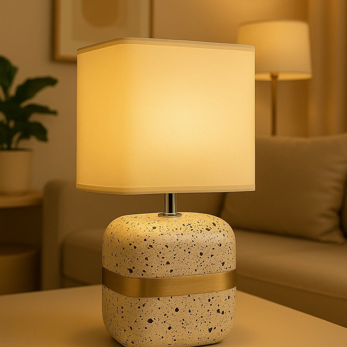 Premium Terrazzo Textured Table Lamp with Warm Square Fabric Shade & Golden Accent Band | Modern Decorative Night Lamp for Bedroom, Living Room & Study | Ambient Lighting Home DÃ©cor Piece