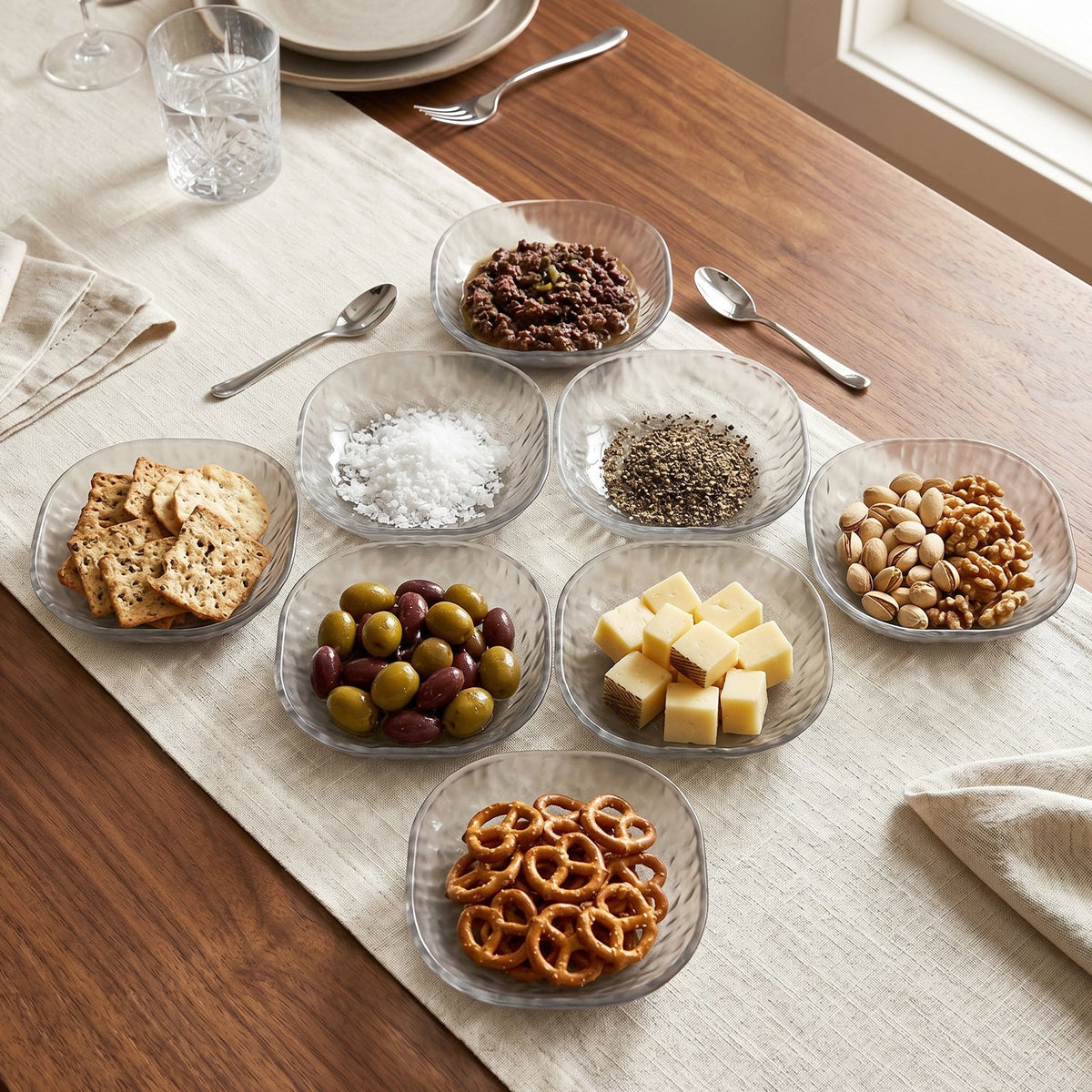 Eight clear textured glass snack bowls filled with appetizers like olives, cheese, and nuts, on a light table runner.