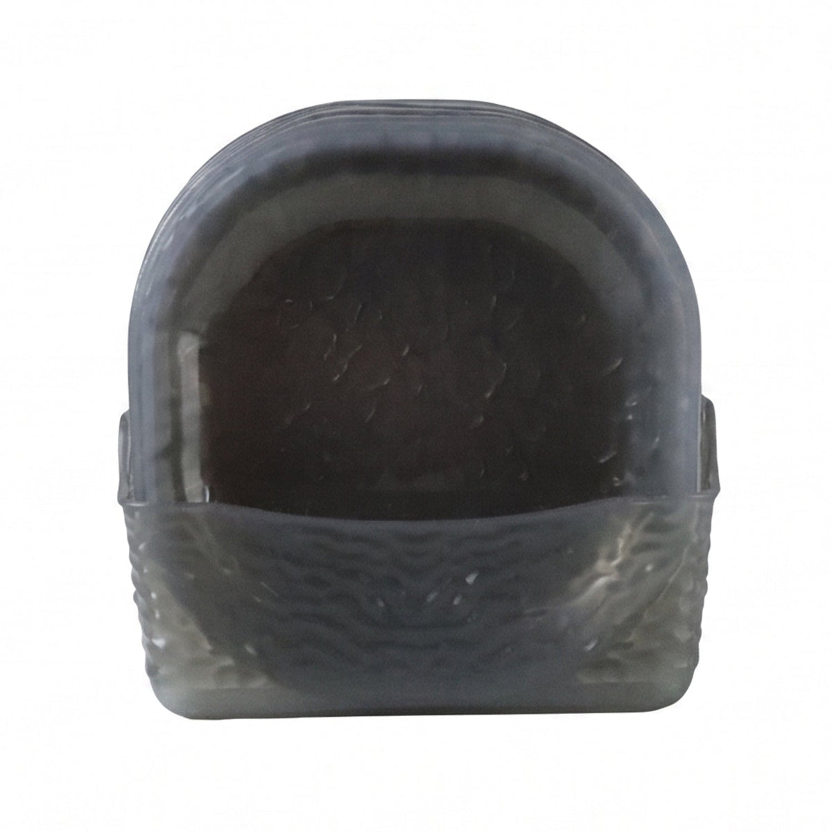 A single dark gray textured glass storage basket, with several bowls inside, isolated on a white background.