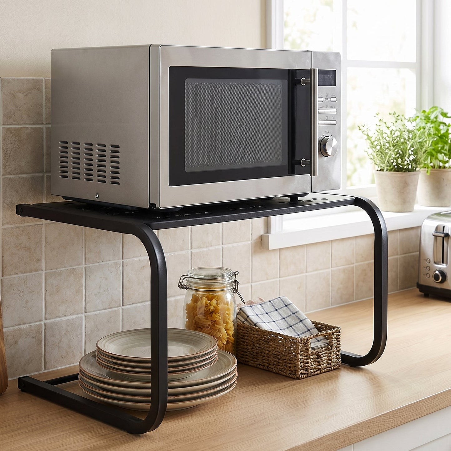 Microwave stand with utensils stored on the lower shelf