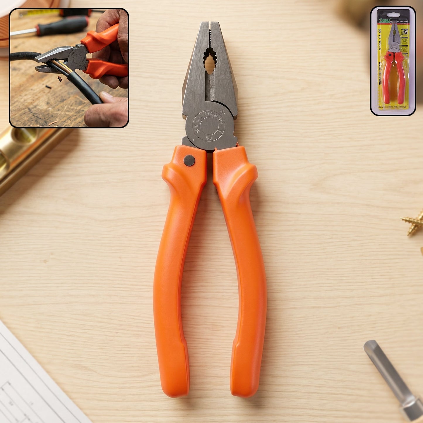 Heavy-duty combination pliers with orange handle and steel jaws for electrical work