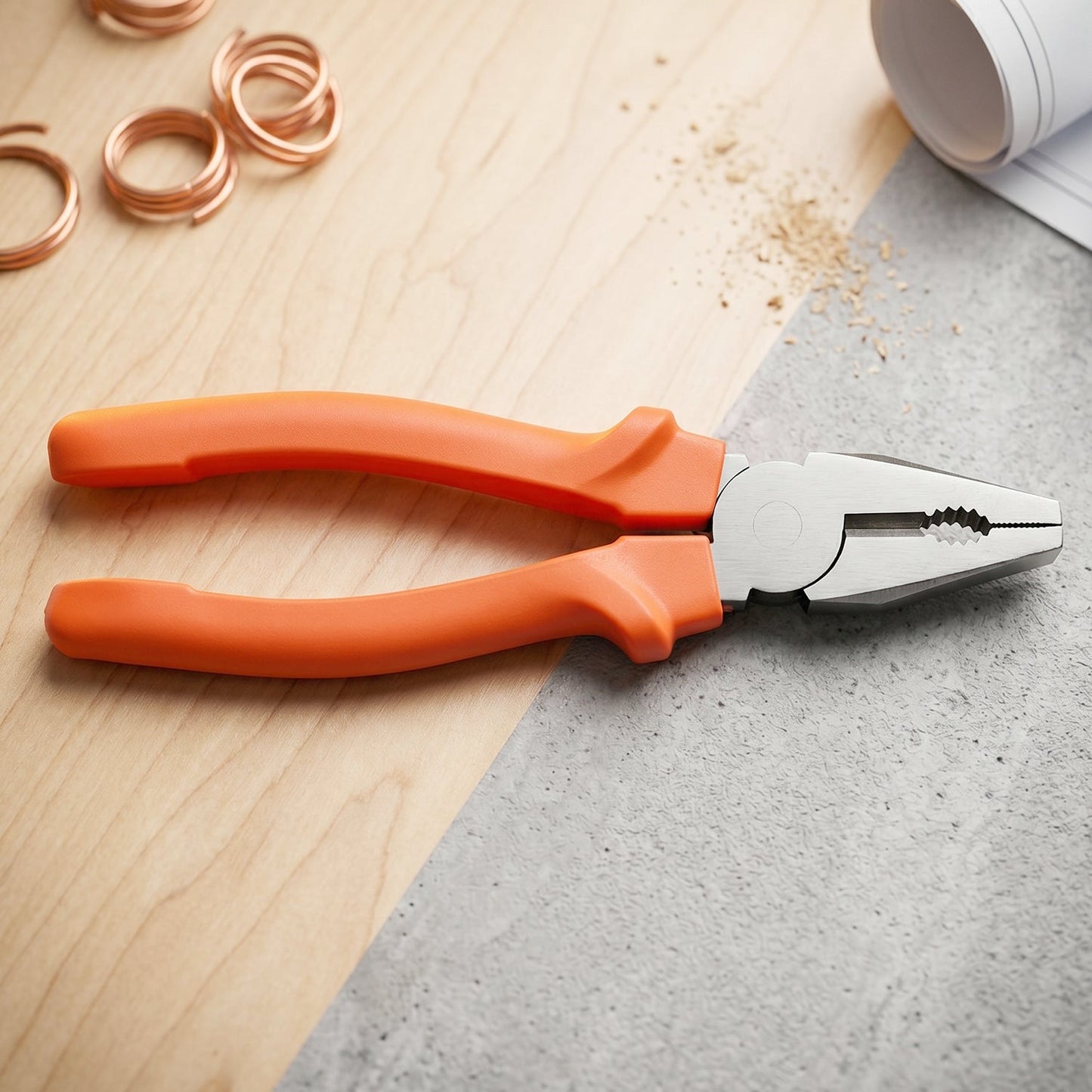 Close-up of combination pliers showing serrated gripping surface and built-in wire cutter