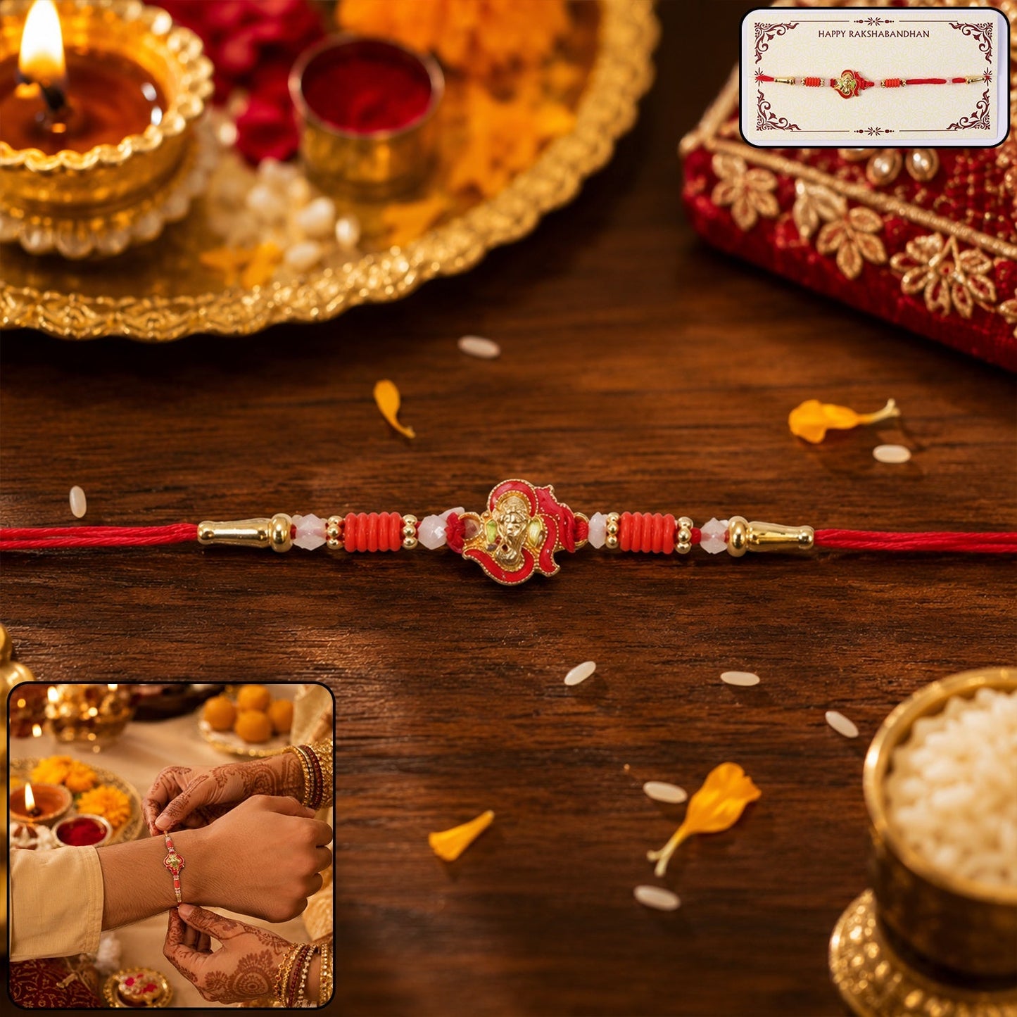 Mini Lord Ganesha designer Rakhi on soft thread, perfect for Raksha Bandhan