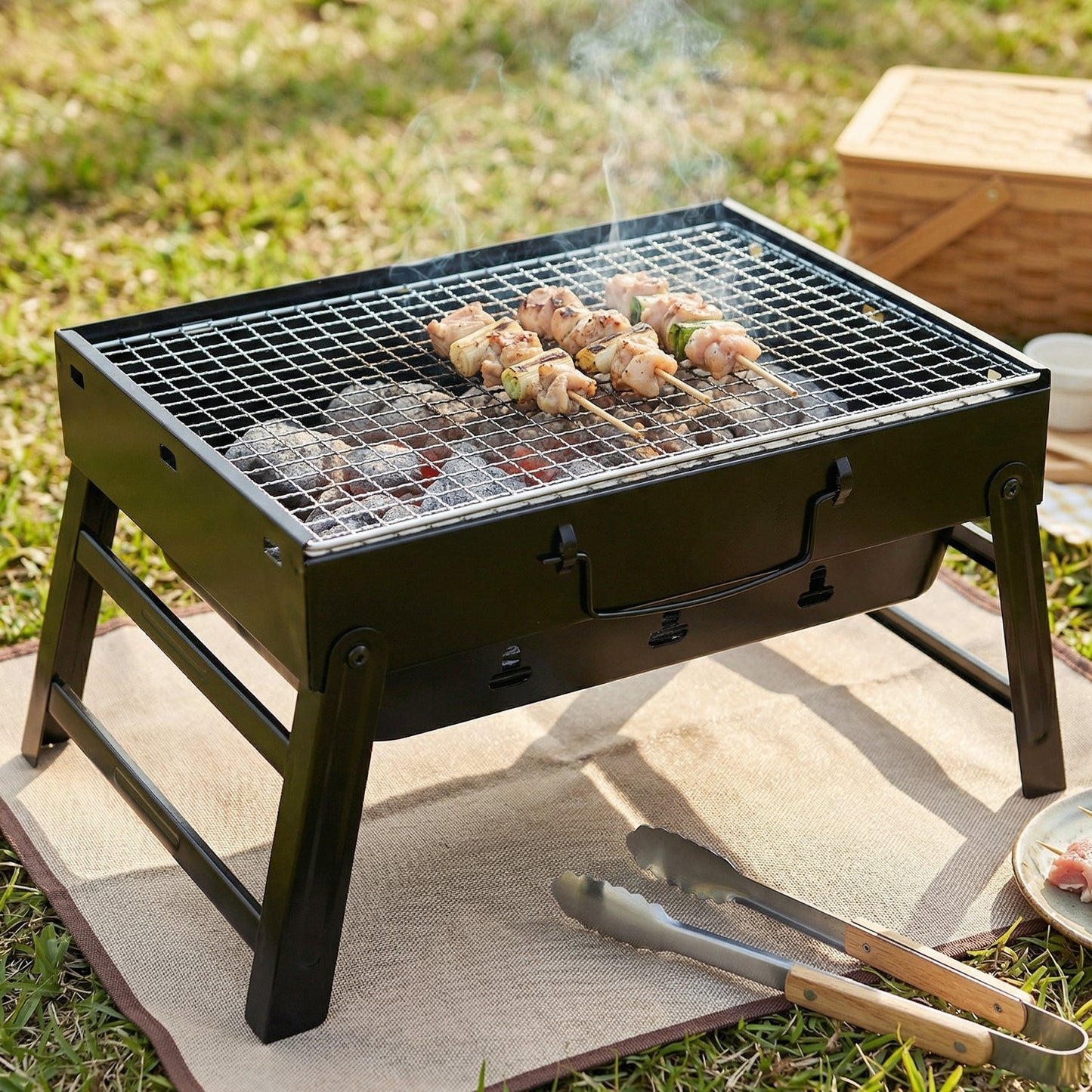 Portable Foldable Charcoal BBQ Grill with Grilling Mesh (1 Pc, 36x27 Cm)