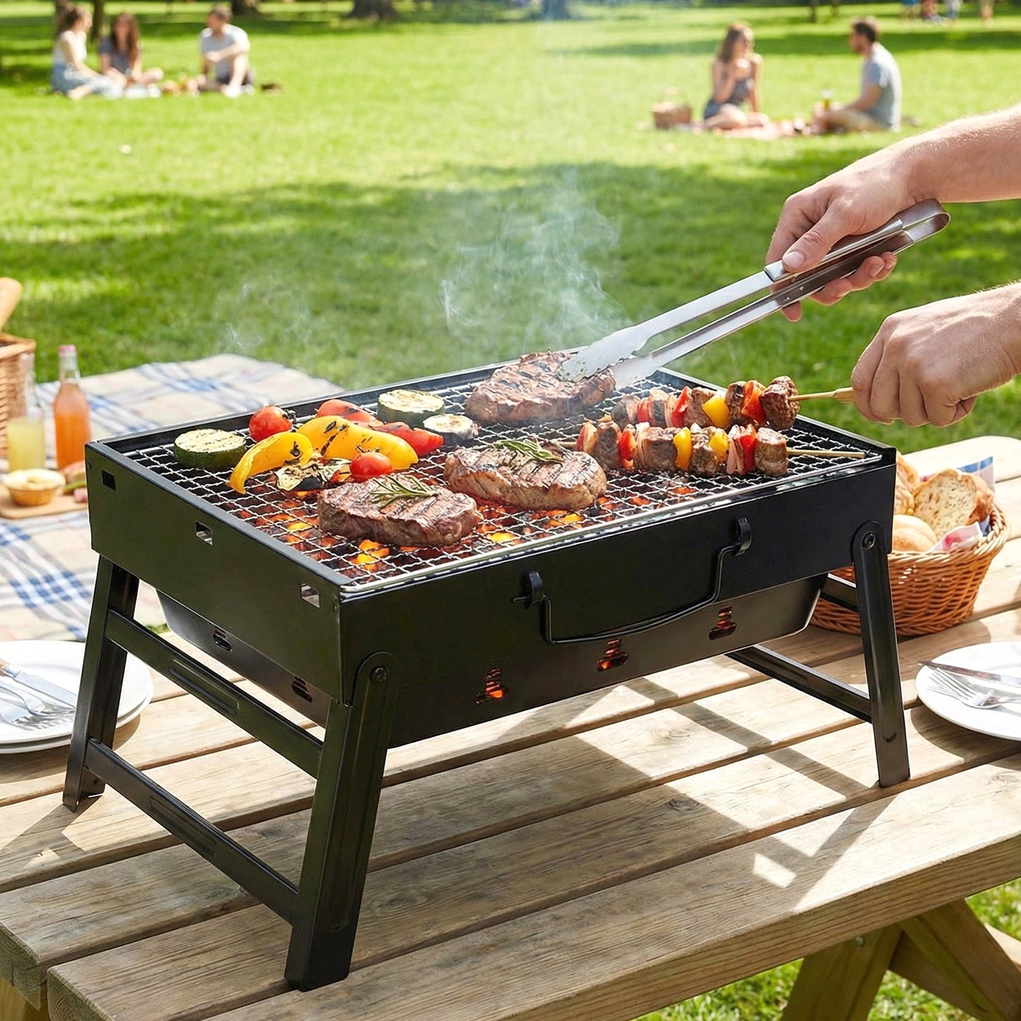 Portable Foldable Charcoal BBQ Grill with Grilling Mesh (1 Pc, 36x27 Cm)