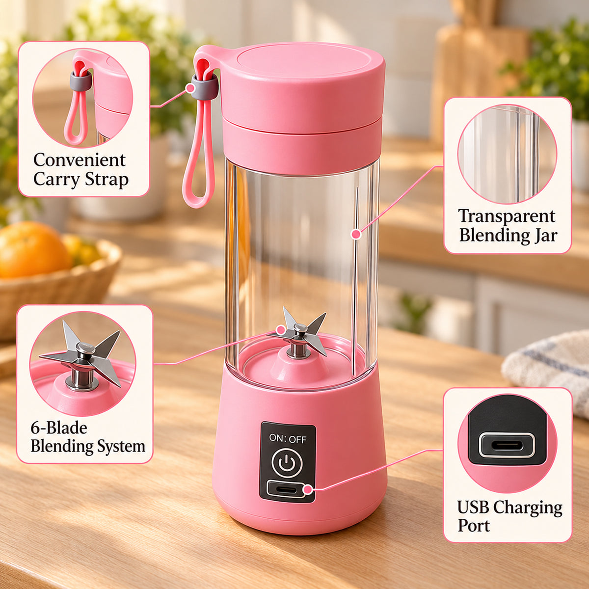 Multi-Purpose Portable USB Electric Juicer 6-Blades, Protein Shaker, Blender Mixer Cup (380 ML)