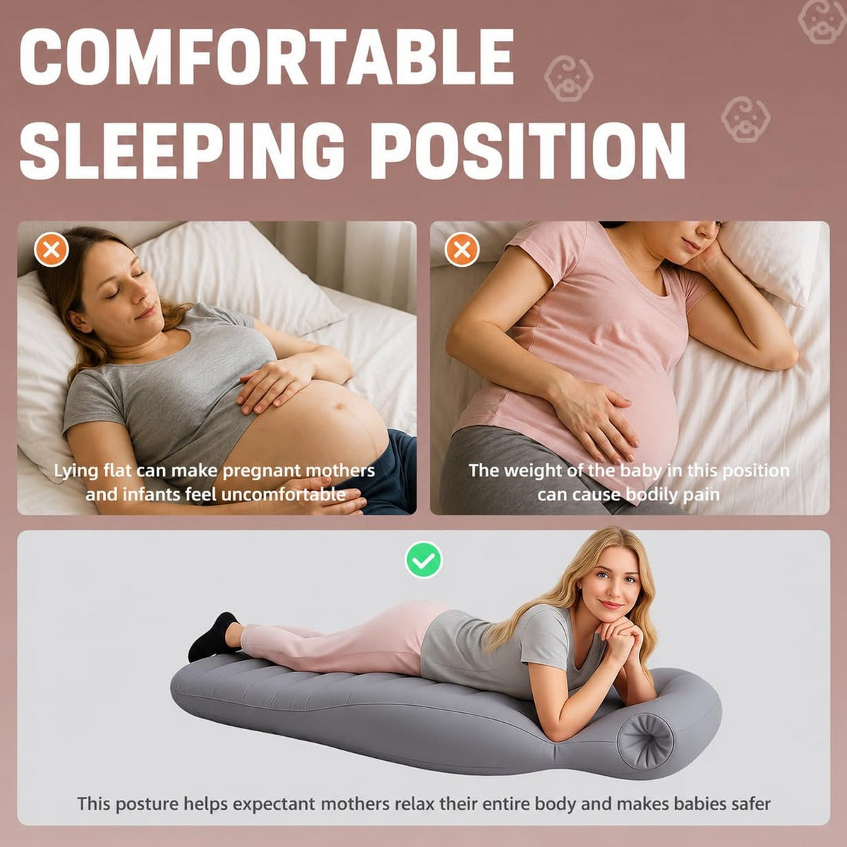 A woman lies comfortably on her stomach on a grey inflatable mat, contrasted with two images of pregnant women in
