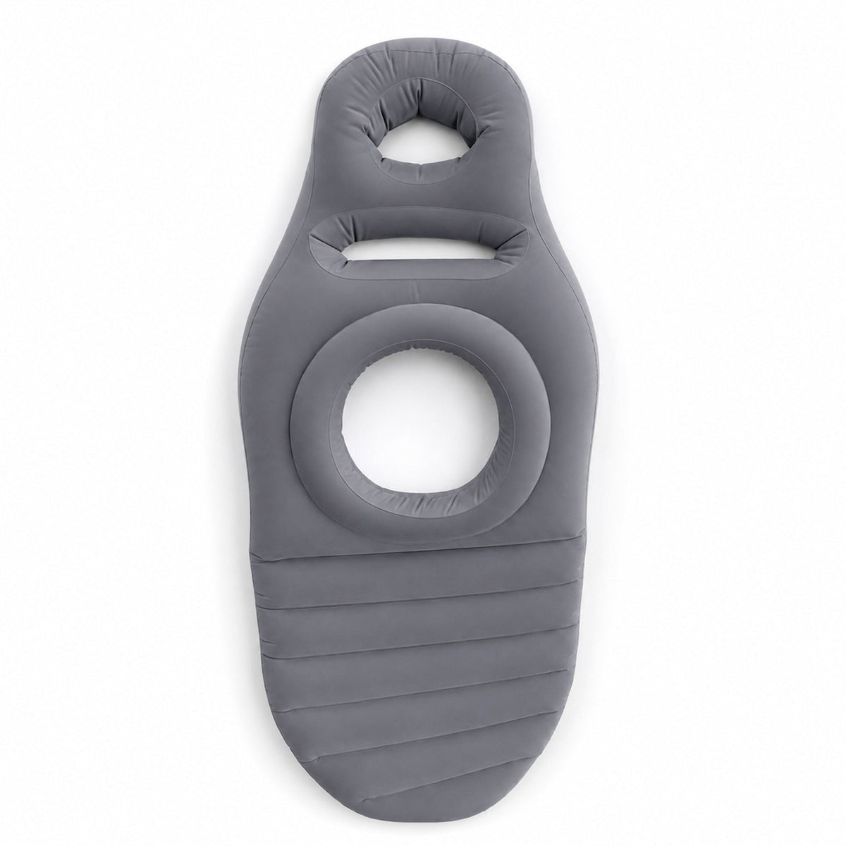 A grey inflatable mat with a belly hole and headrest is shown from a top-down perspective on a white background.