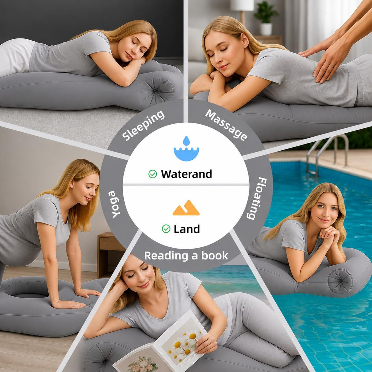 A collage shows a woman using the grey inflatable mat for sleeping, massage, floating, yoga, and reading.