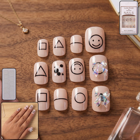 Woman showcasing a set of glossy Press-On Nails for an elegant look.