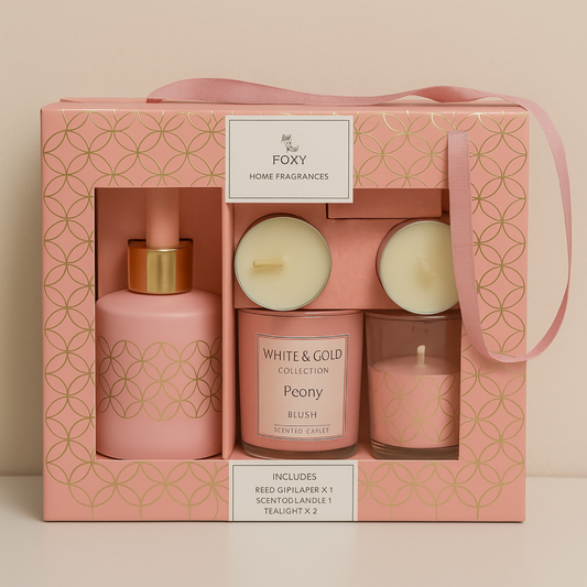 Luxury Peony Fragrance Gift Set with Scented Candle, Reed Diffuser & Tealights