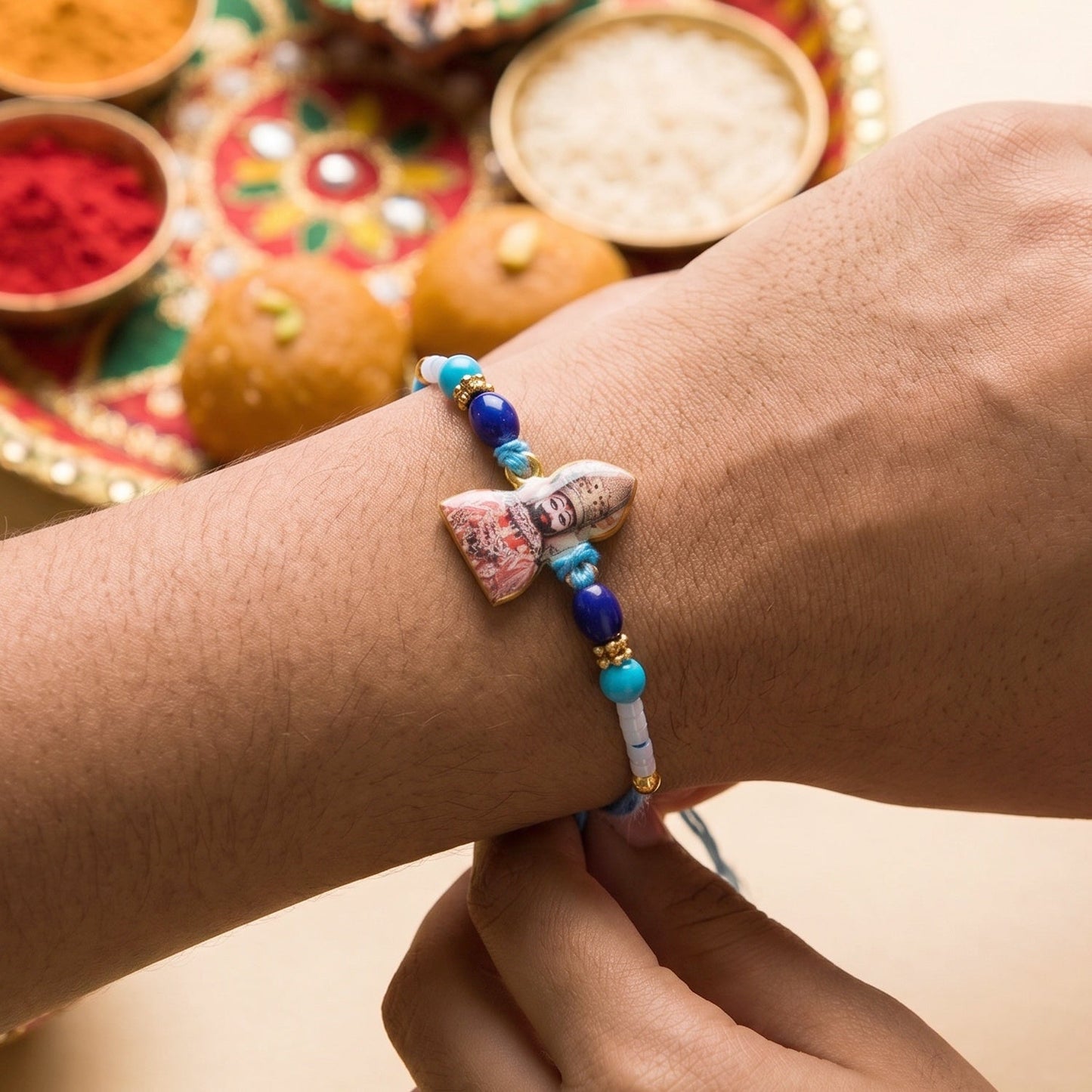 Decorative beads and stylish thread on Khatu Shyam Ji Rakhi
