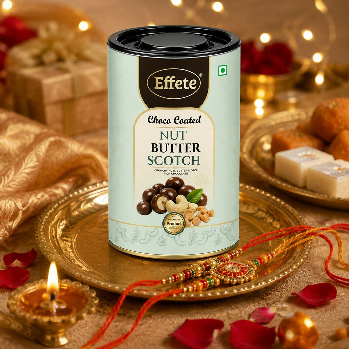 The full premium packaging of Effete Choco Coated Nut Butterscotch Chocolate, ideal for gifting.