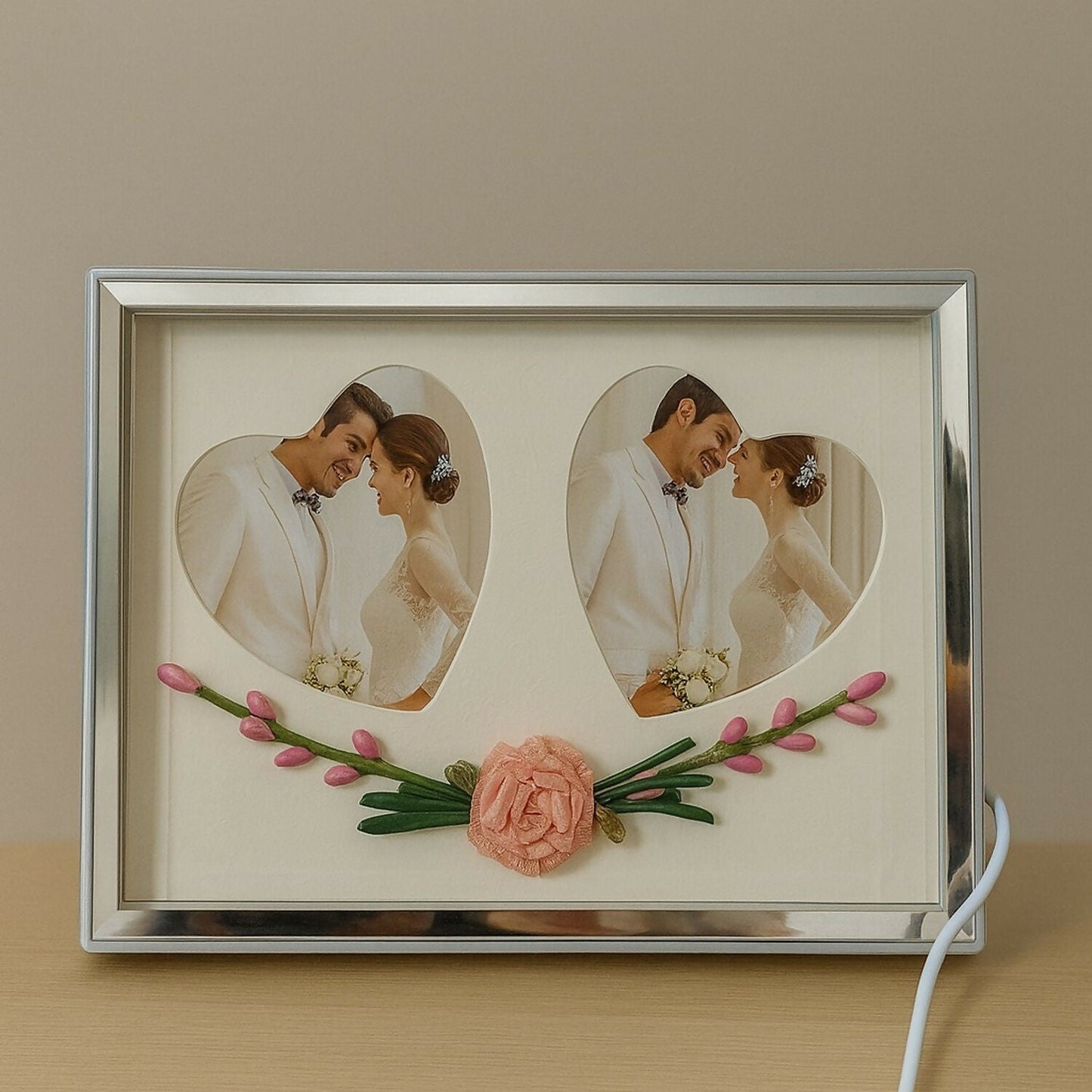 Romantic Dual Heart-Shape LED Light Photo Frame for Couple | Decorative Floral Wedding & Anniversary Picture Frame | USB Powered Warm Light Love Frame for Bedroom, Living Room & Gifting | Premium Couple Photo Display for Home DÃ©cor