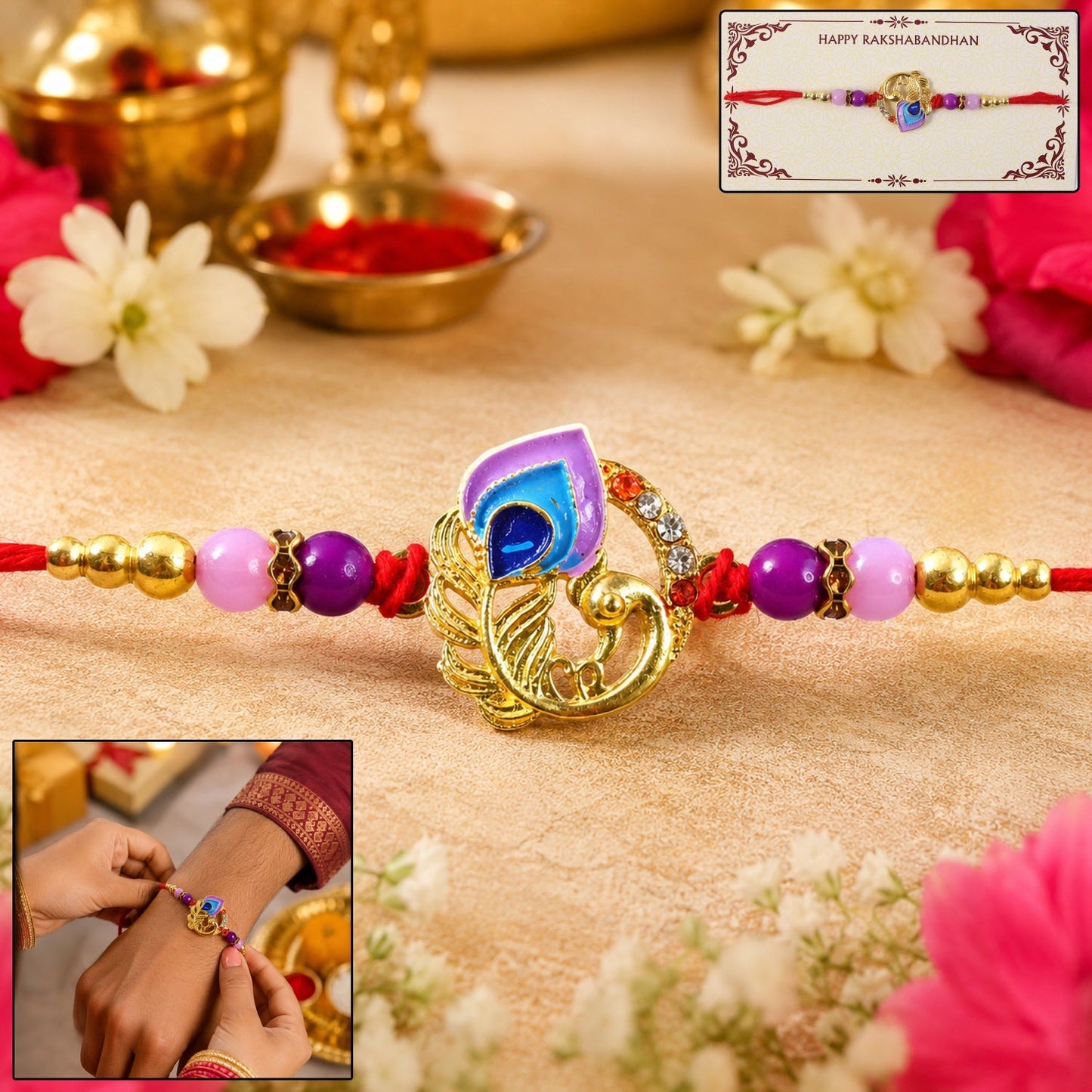Close-up of Peacock Rakhi showcasing vibrant purple and blue design with beads