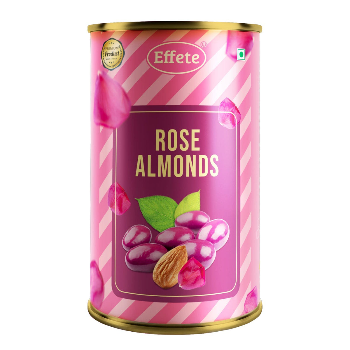 Pink and white striped tin of rose almonds with a purple label and falling petals, set against a plain white background.