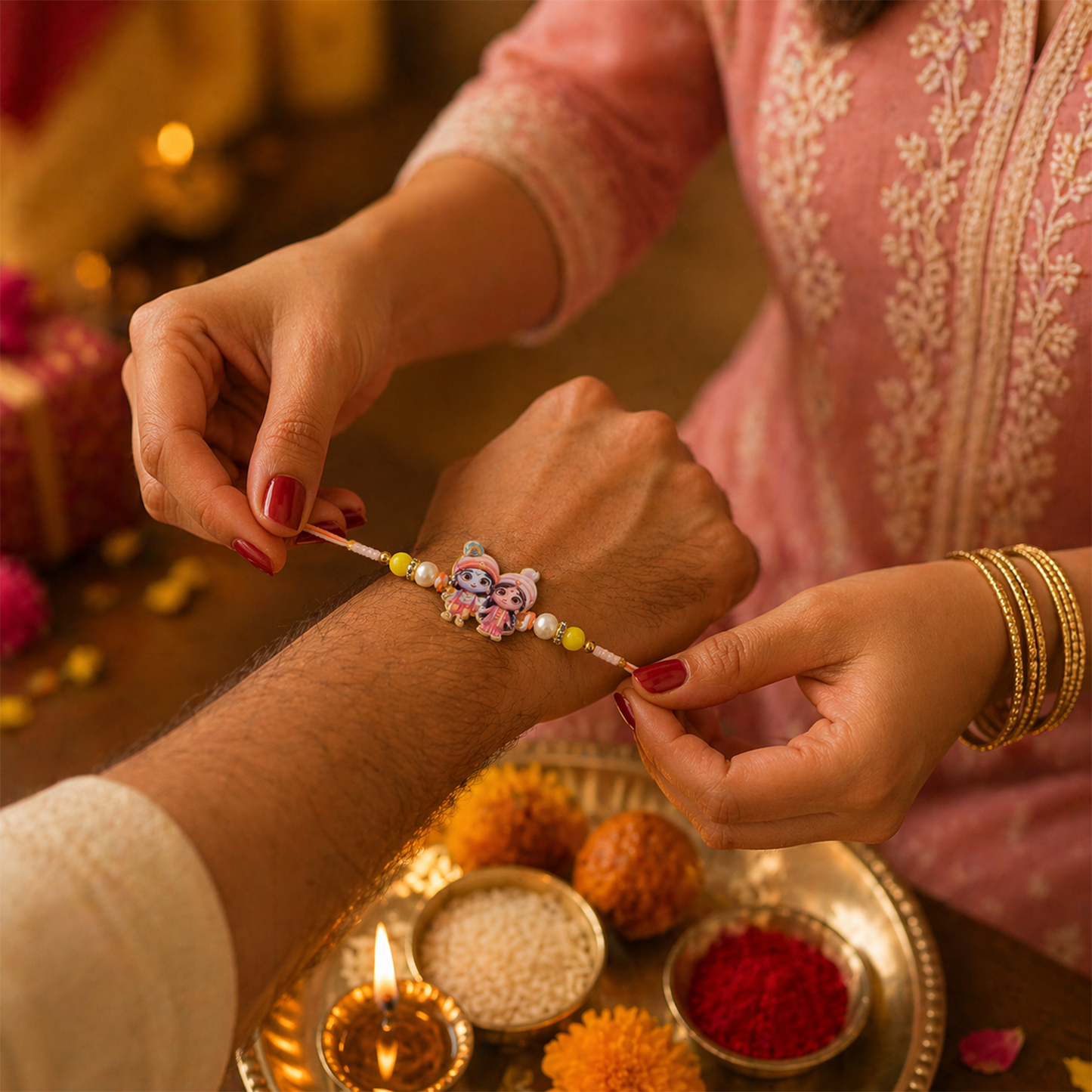 Spiritual Krishna Radha motif on festive Rakhi.