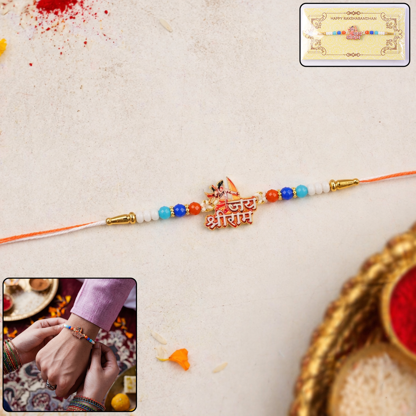 Decorative colorful bead Rakhi with Lord Ram motif detail