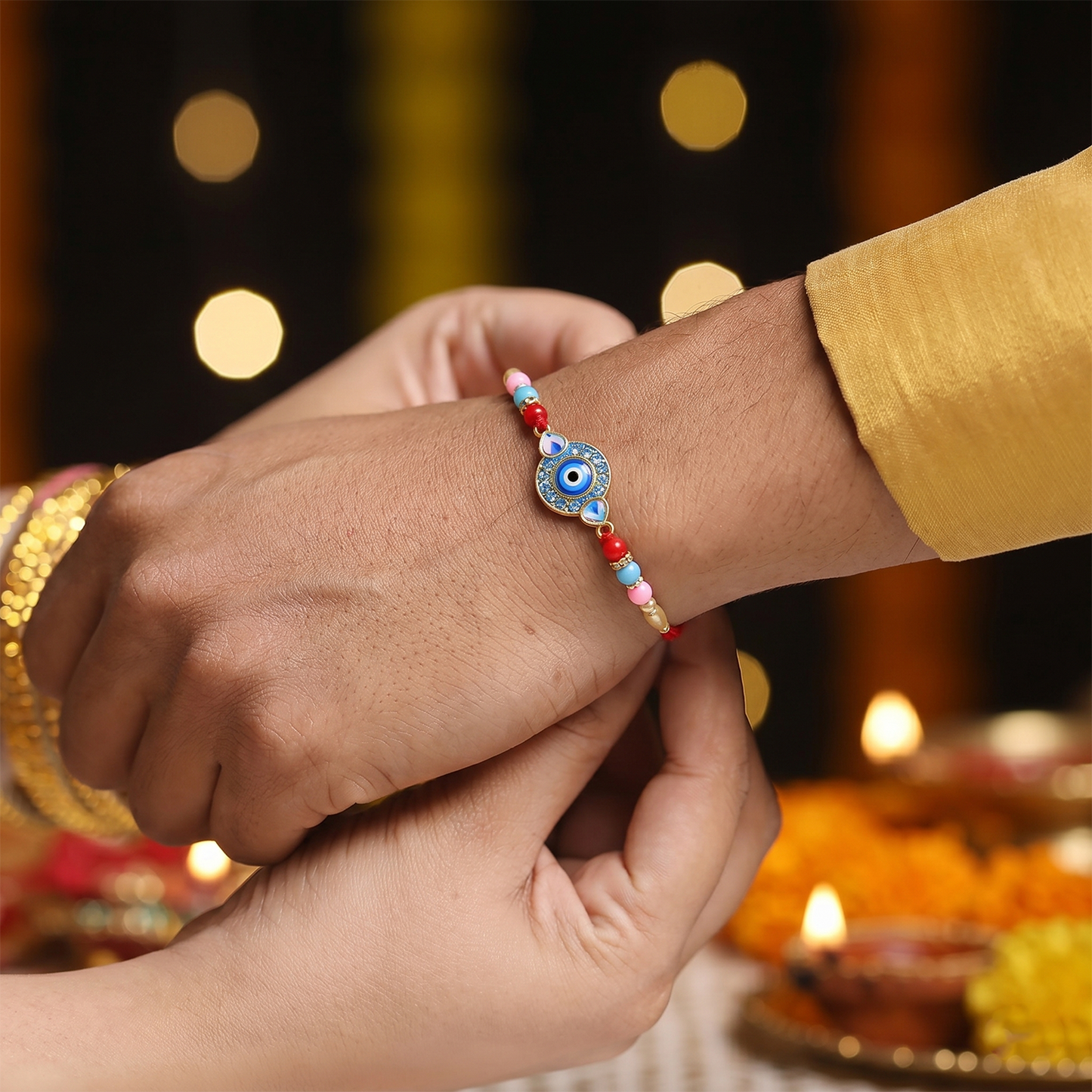 Detailed view of Evil Eye Rakhi with beads