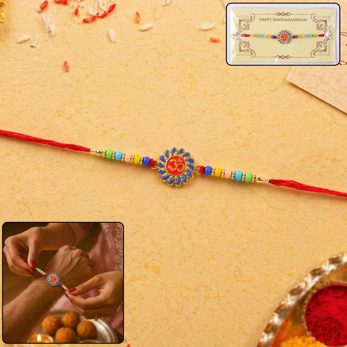 Close-up of the Om Rakhi featuring vibrant multicolor beads and spiritual design.