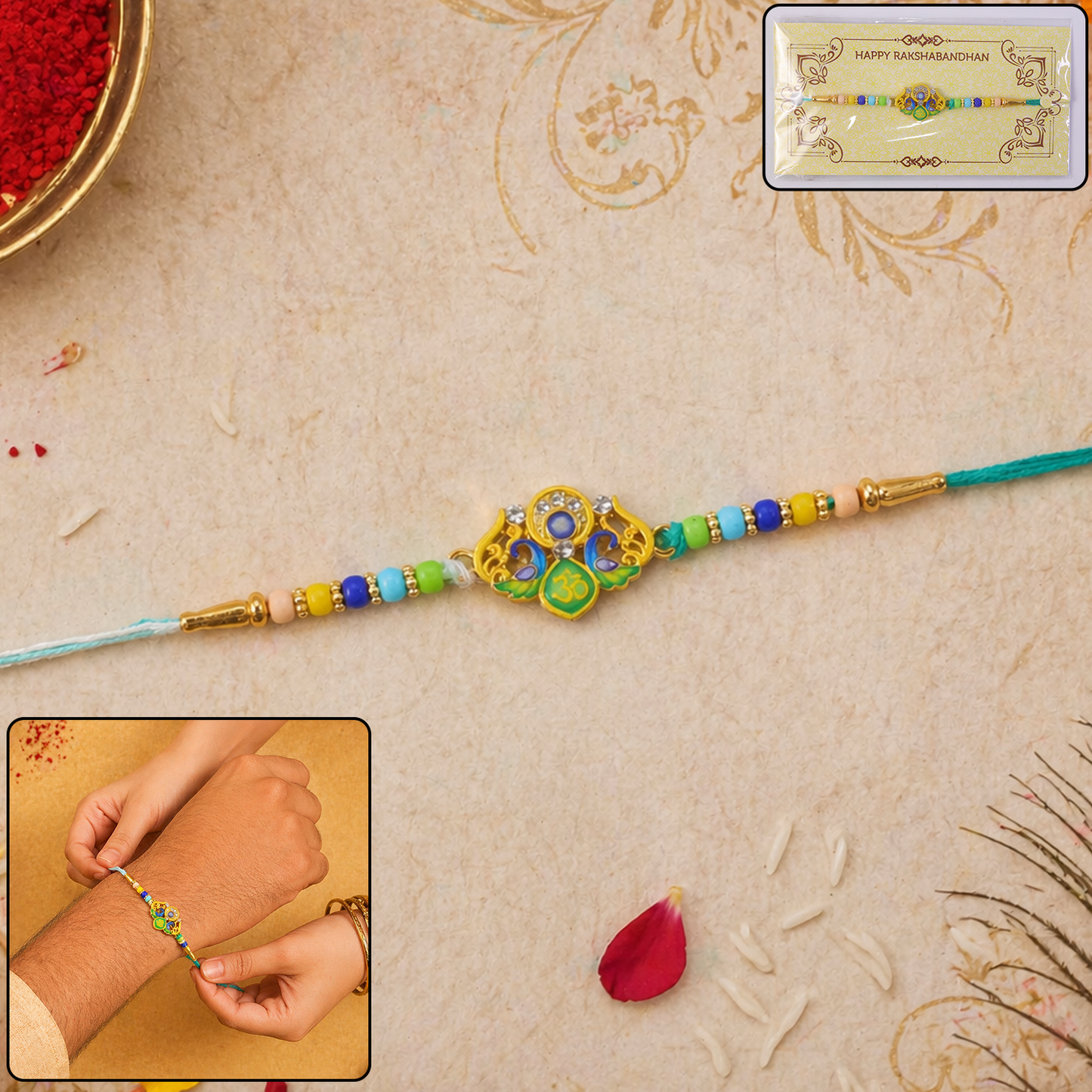 Close-up of decorative colorful beads on a Rakhi