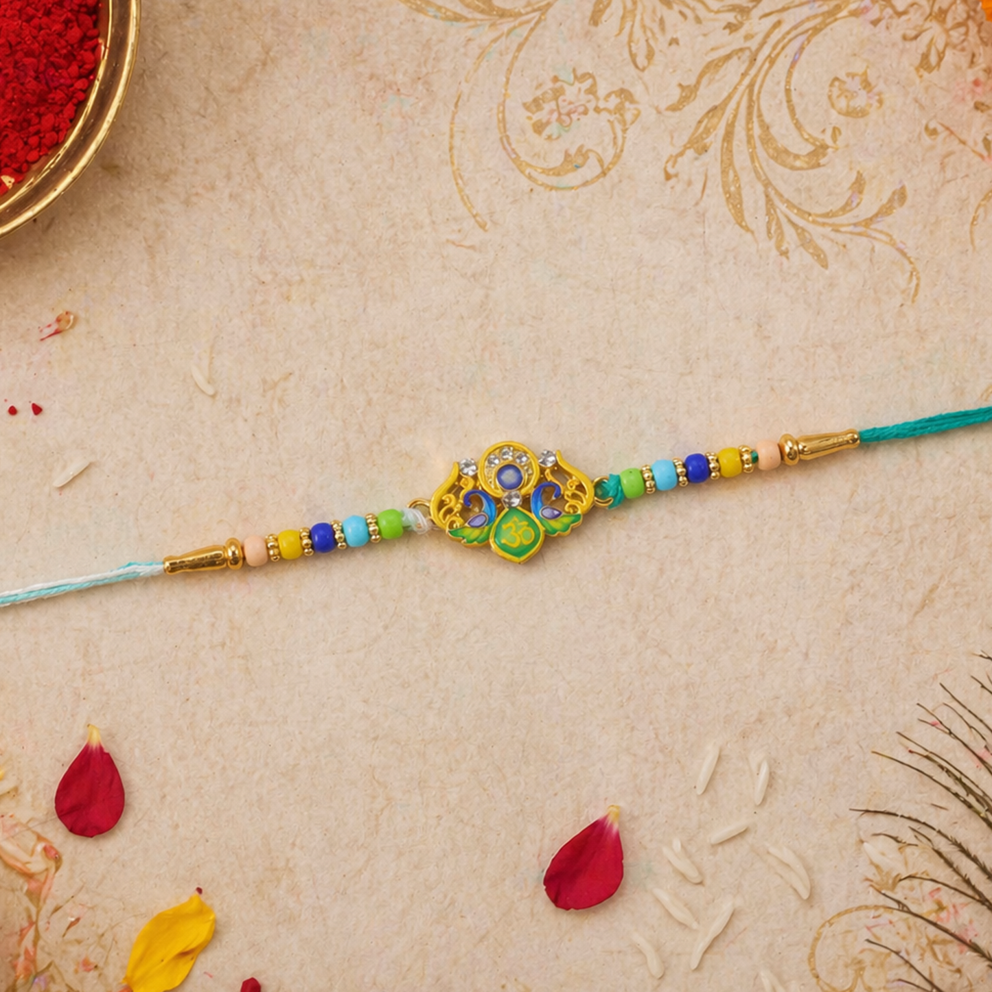 Top view of vibrant yellow thread Rakhi with beads