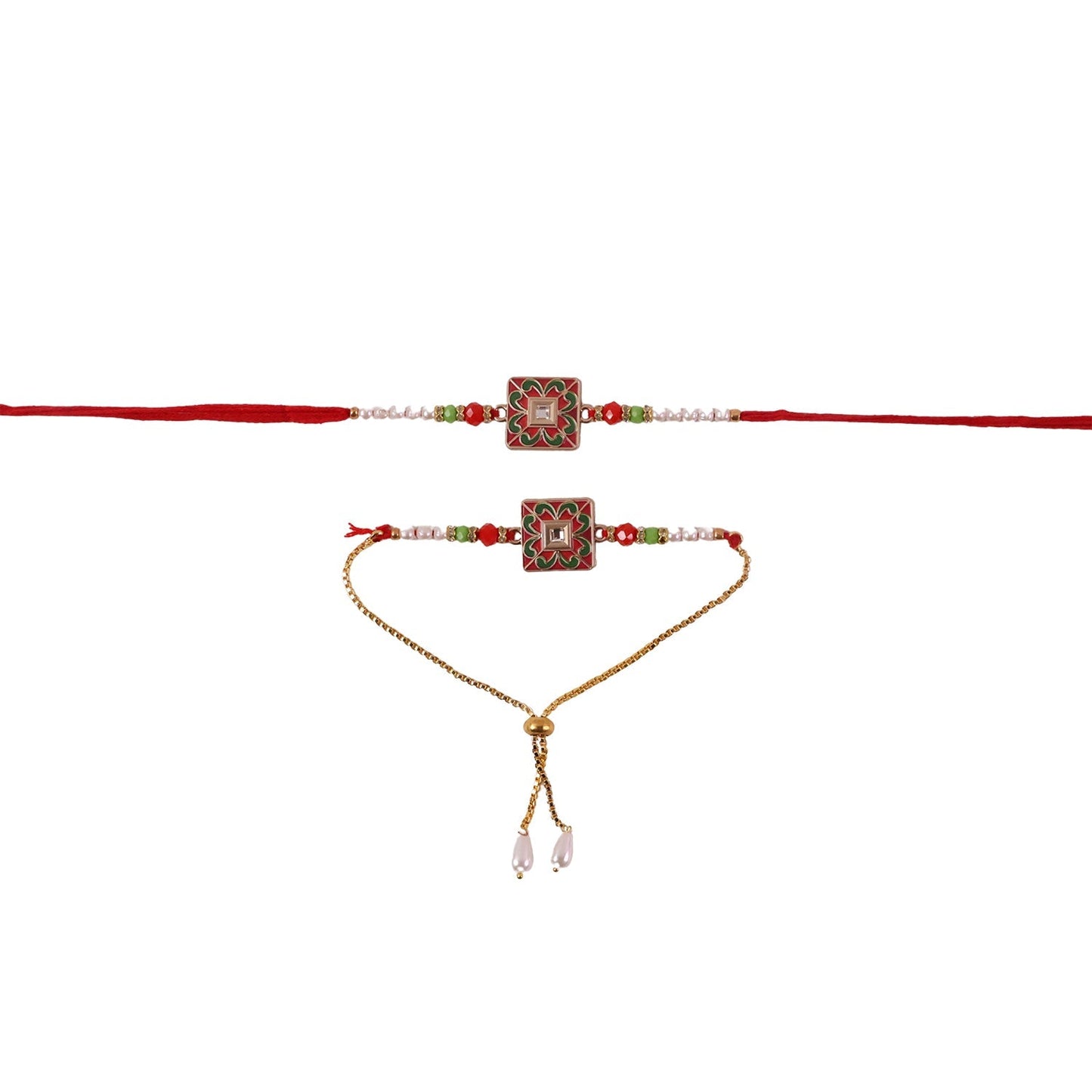 Soft thread and pearl bead detailing on Rakhi