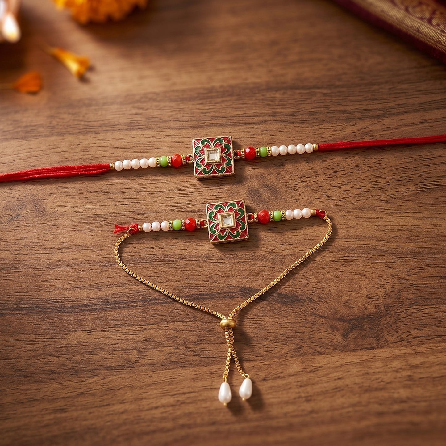 Close-up of decorative beads and intricate centerpiece on Rakhi