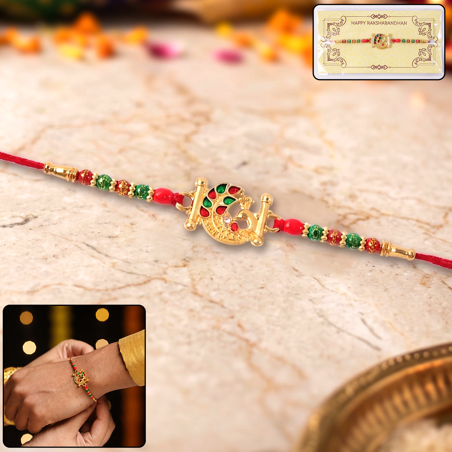 Front view of the designer Peacock Rakhi highlighting detailed peacock motif.