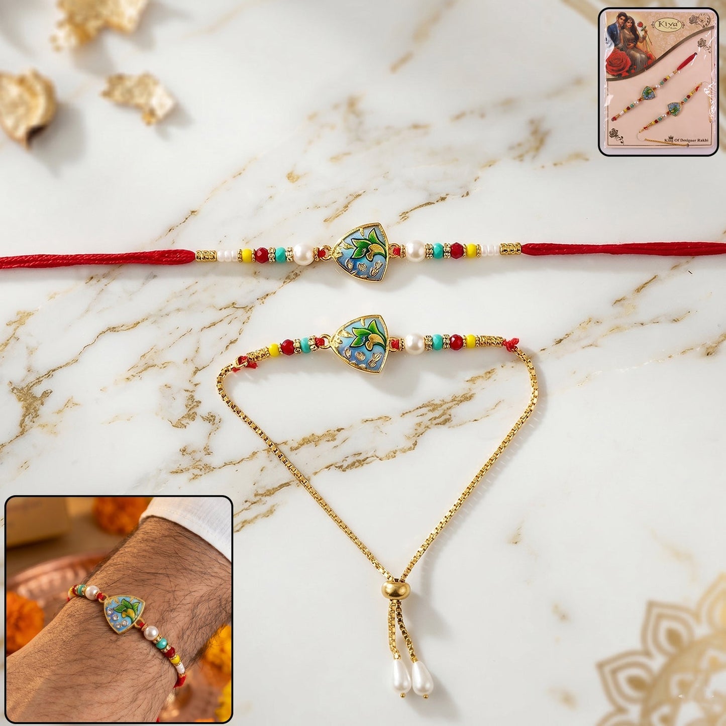 Leaf pattern designer Rakhi with colorful beads and decorative leaf design