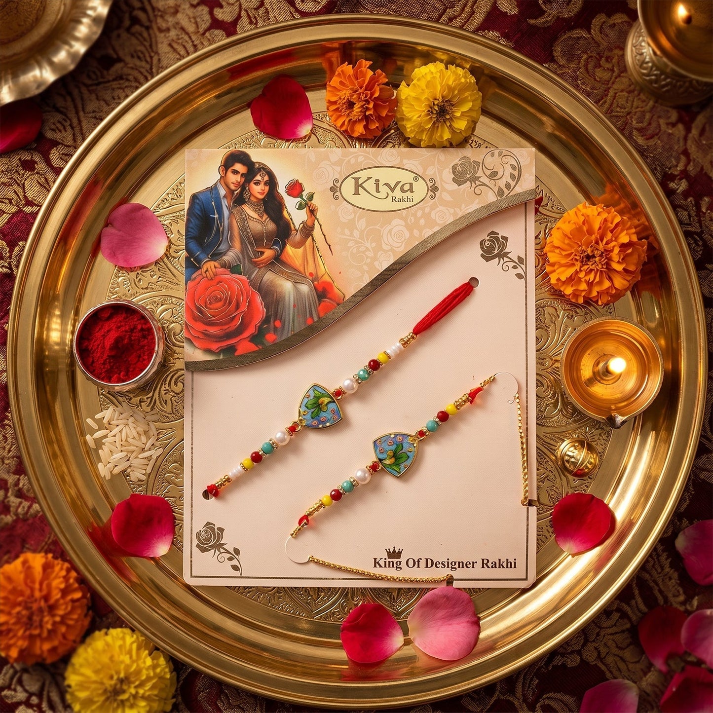 Close-up of vibrant beads on leaf-pattern Rakhi thread