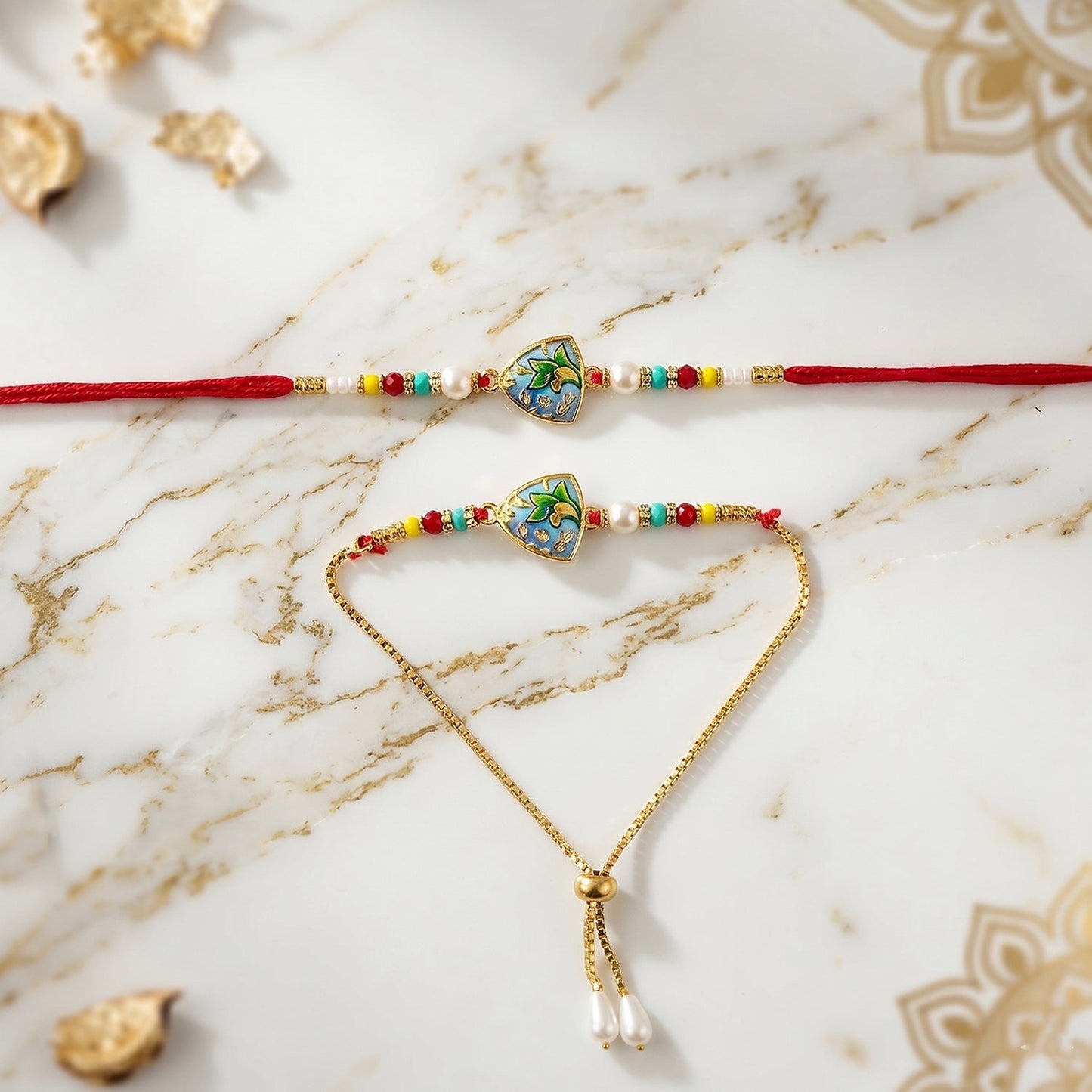 Intricate bead work on leaf Rakhi design