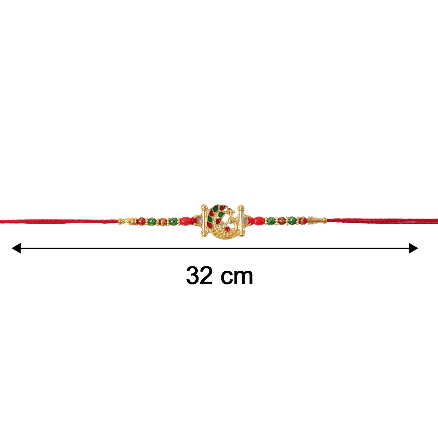 Size reference image showing Rakhi dimensions on a hand.