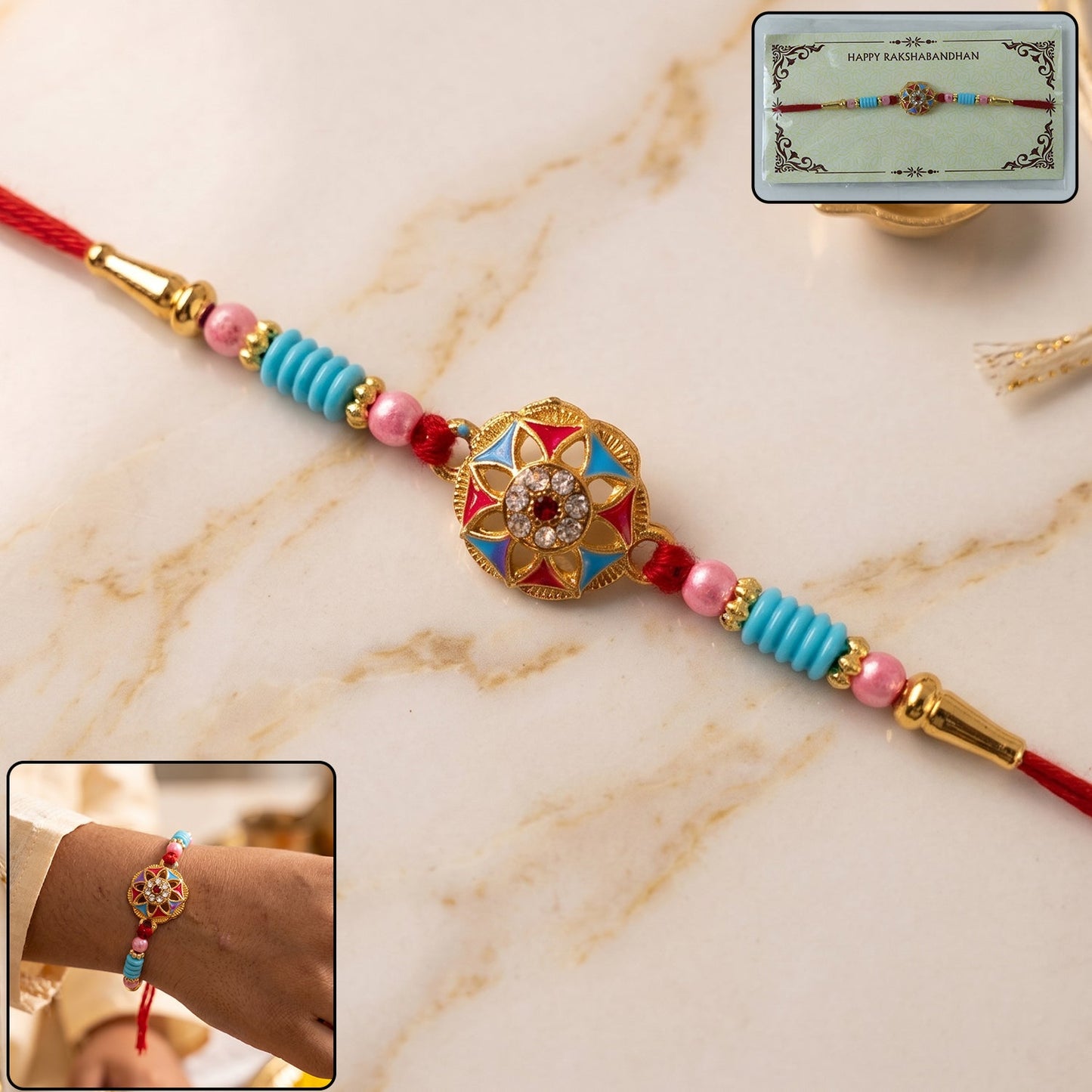 Designer floral stone Rakhi with colorful beads - front view