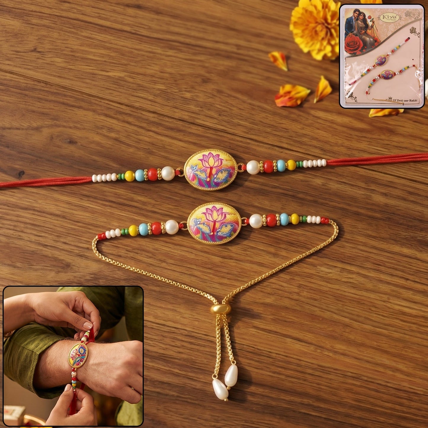 Lotus floral designer Rakhi with multicolor beads and floral centerpiece