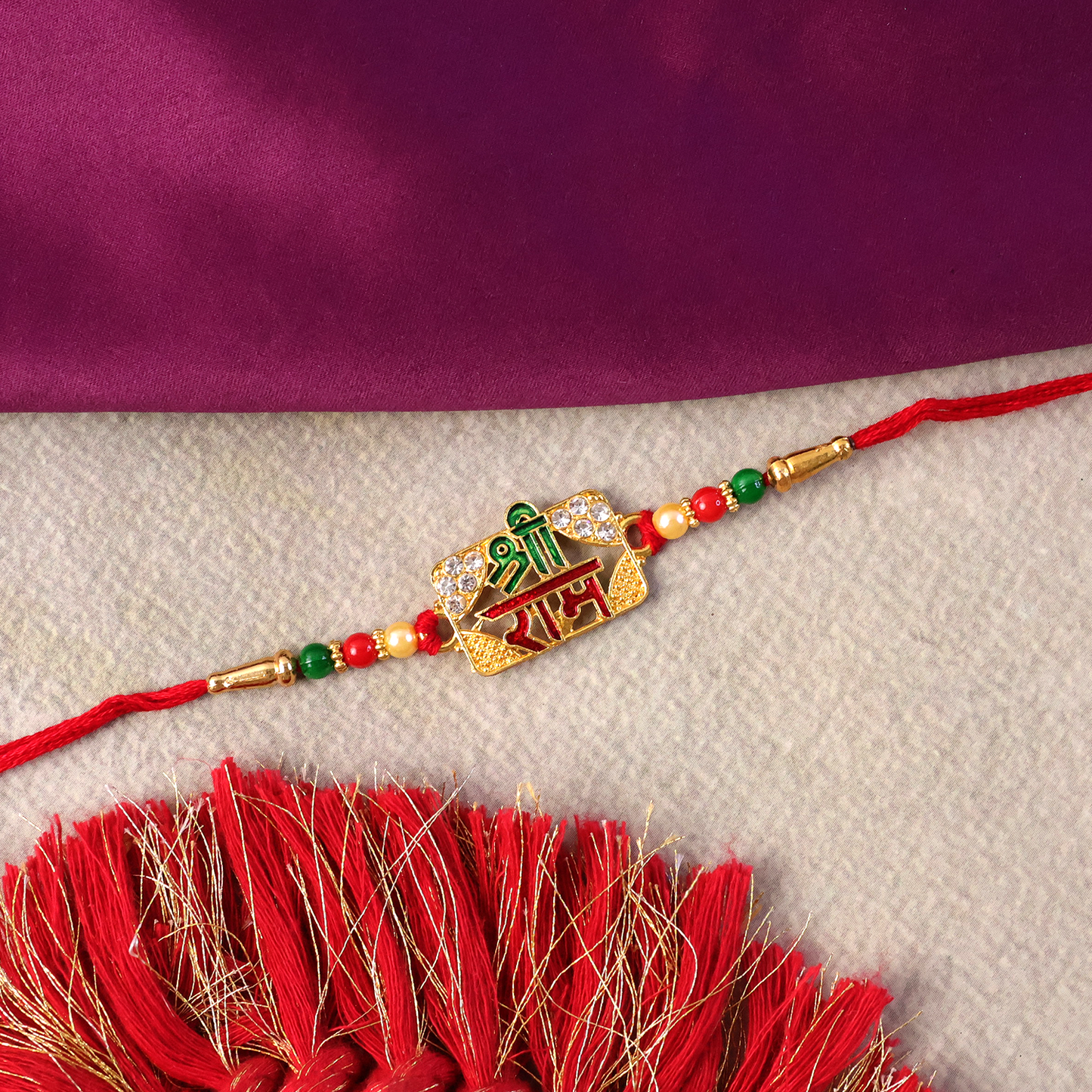 Close up of Shree Ram text on rakhi