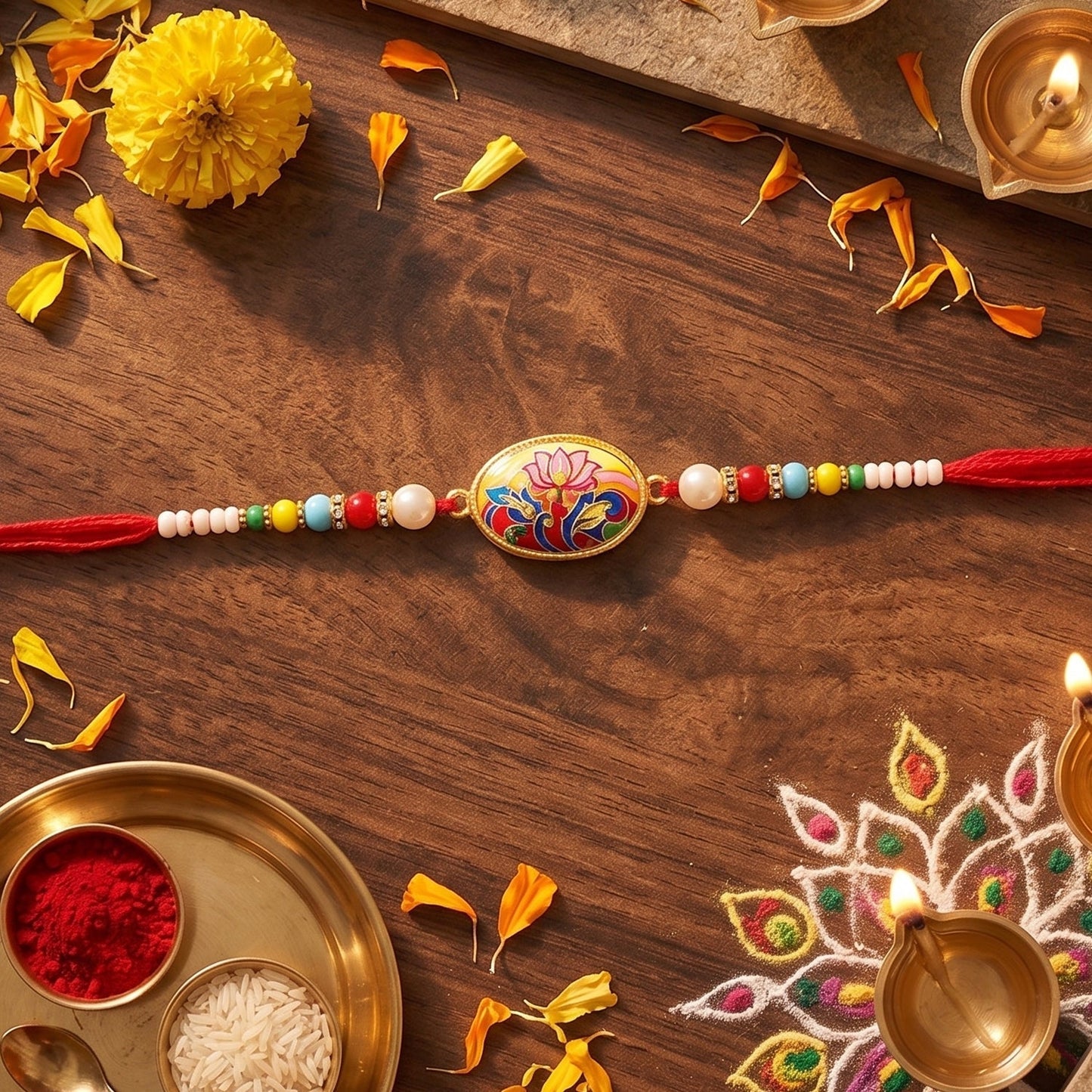 Soft thread detail of Lotus floral Rakhi for comfortable wear