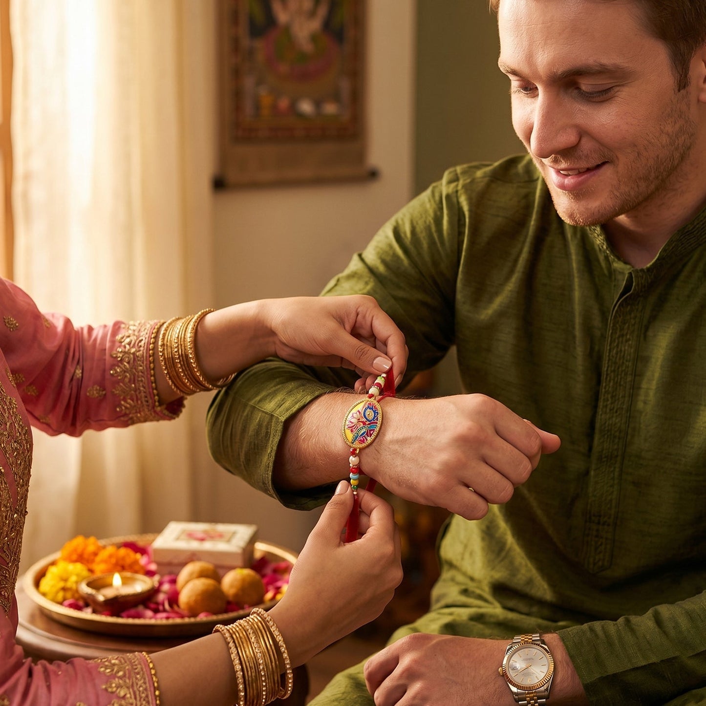 Designer Rakhi center with beads and decorative thread