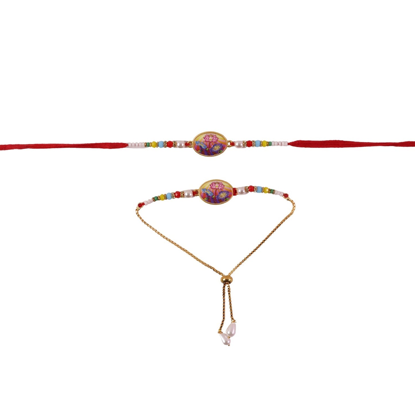 Side view of Lotus floral Rakhi showcasing colorful beads