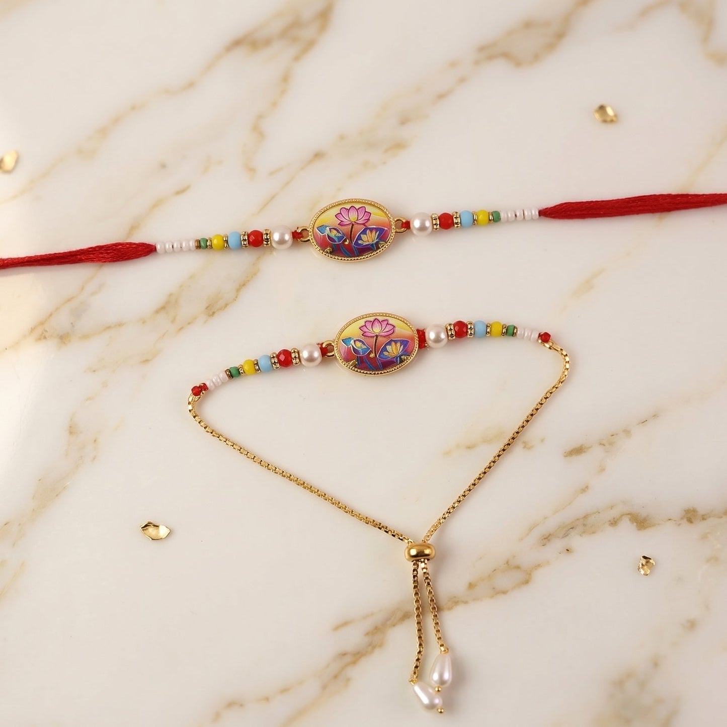 Multicolor bead arrangement on Lotus floral Rakhi