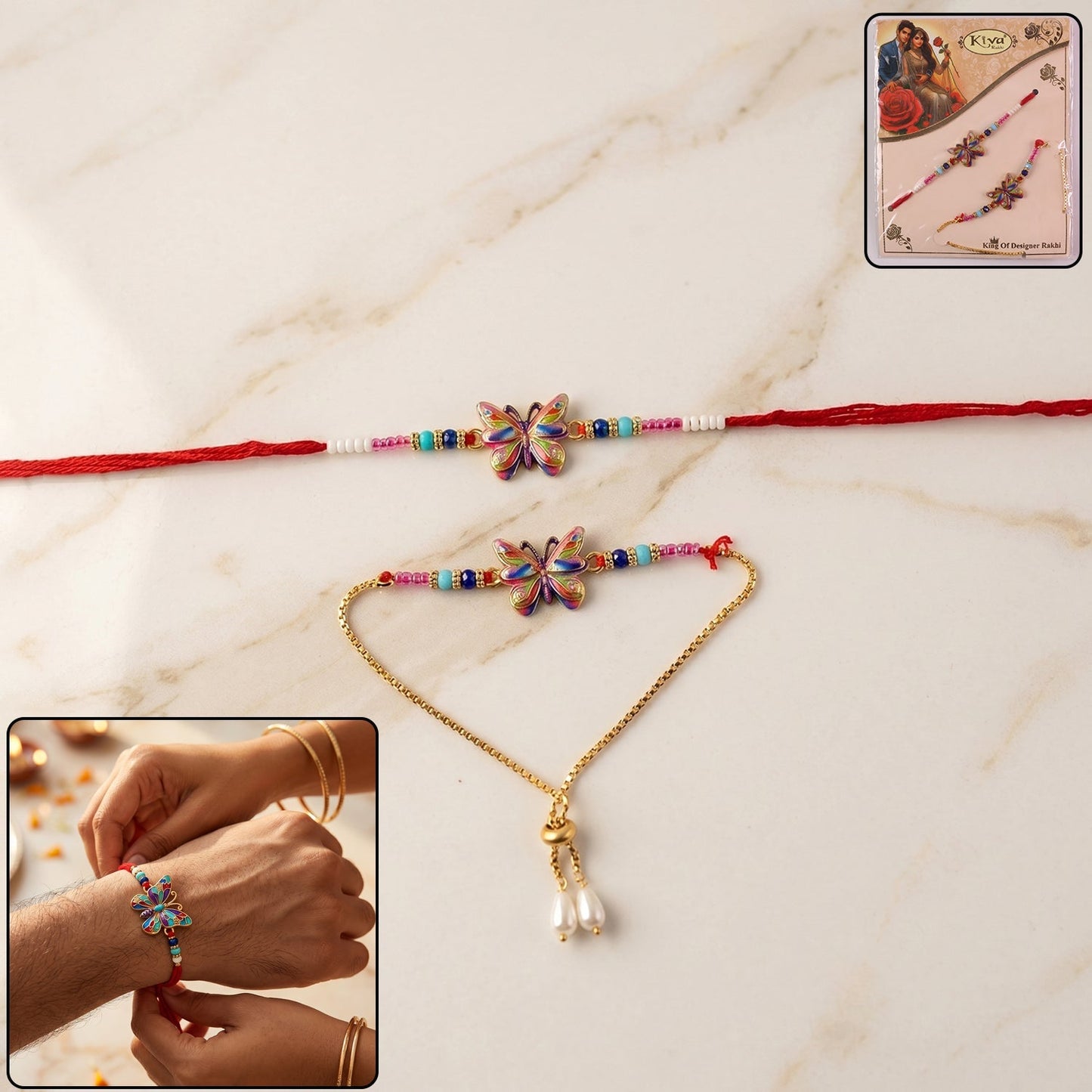 Rainbow Butterfly designer Rakhi with beads and soft thread – front view