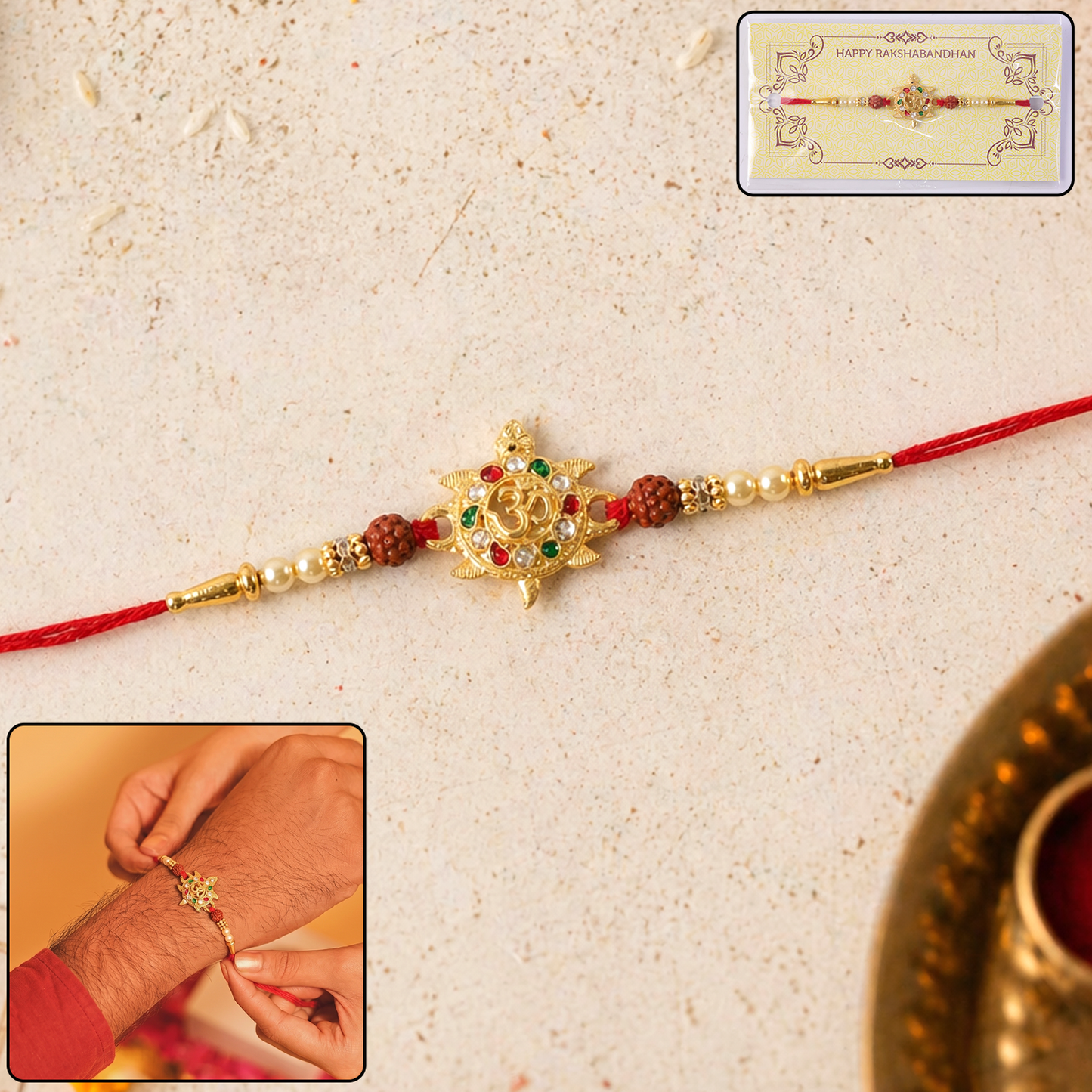 Front view of Om symbol Rakhi decorated with stones and beads