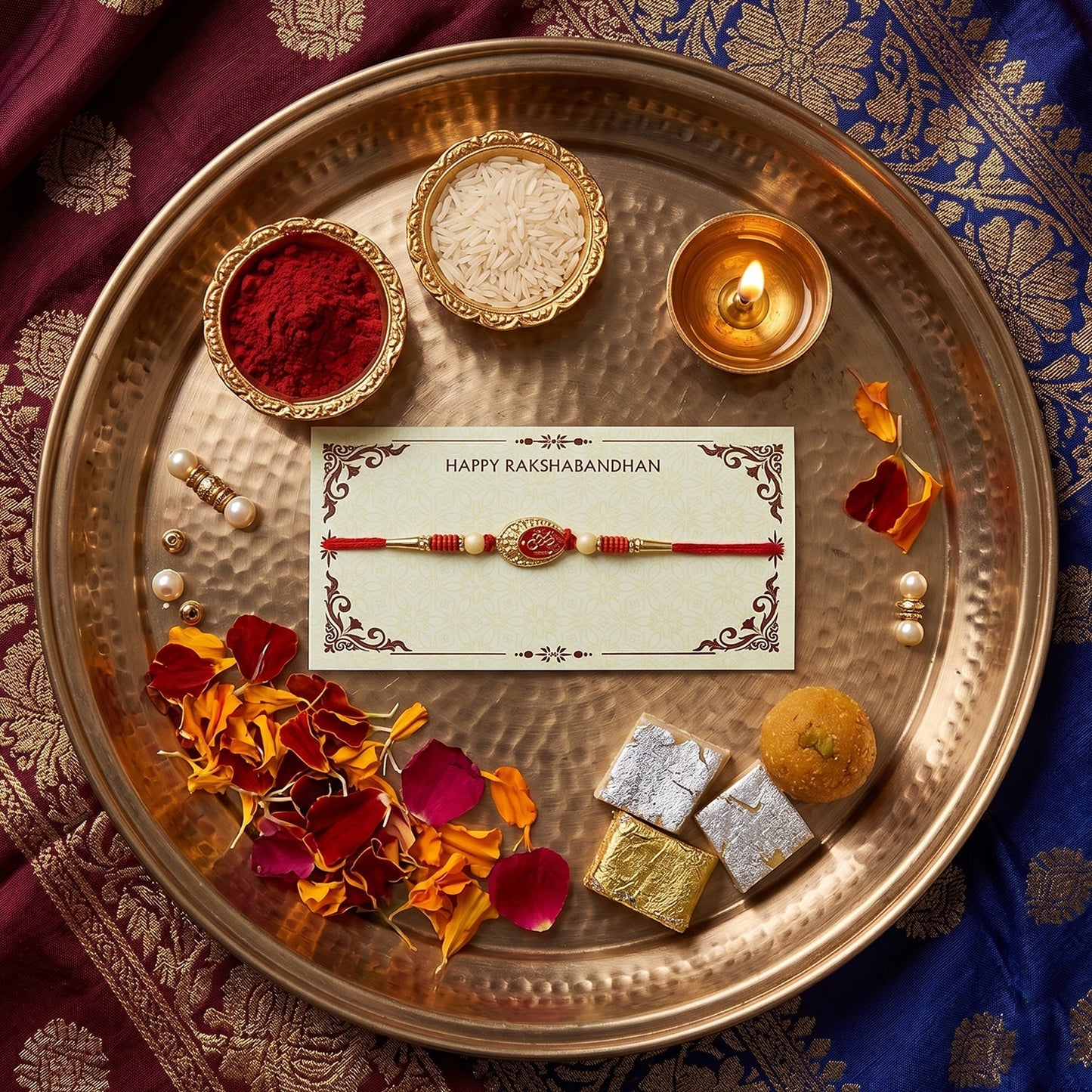 Side view of traditional Rakhi showcasing thread and decoration